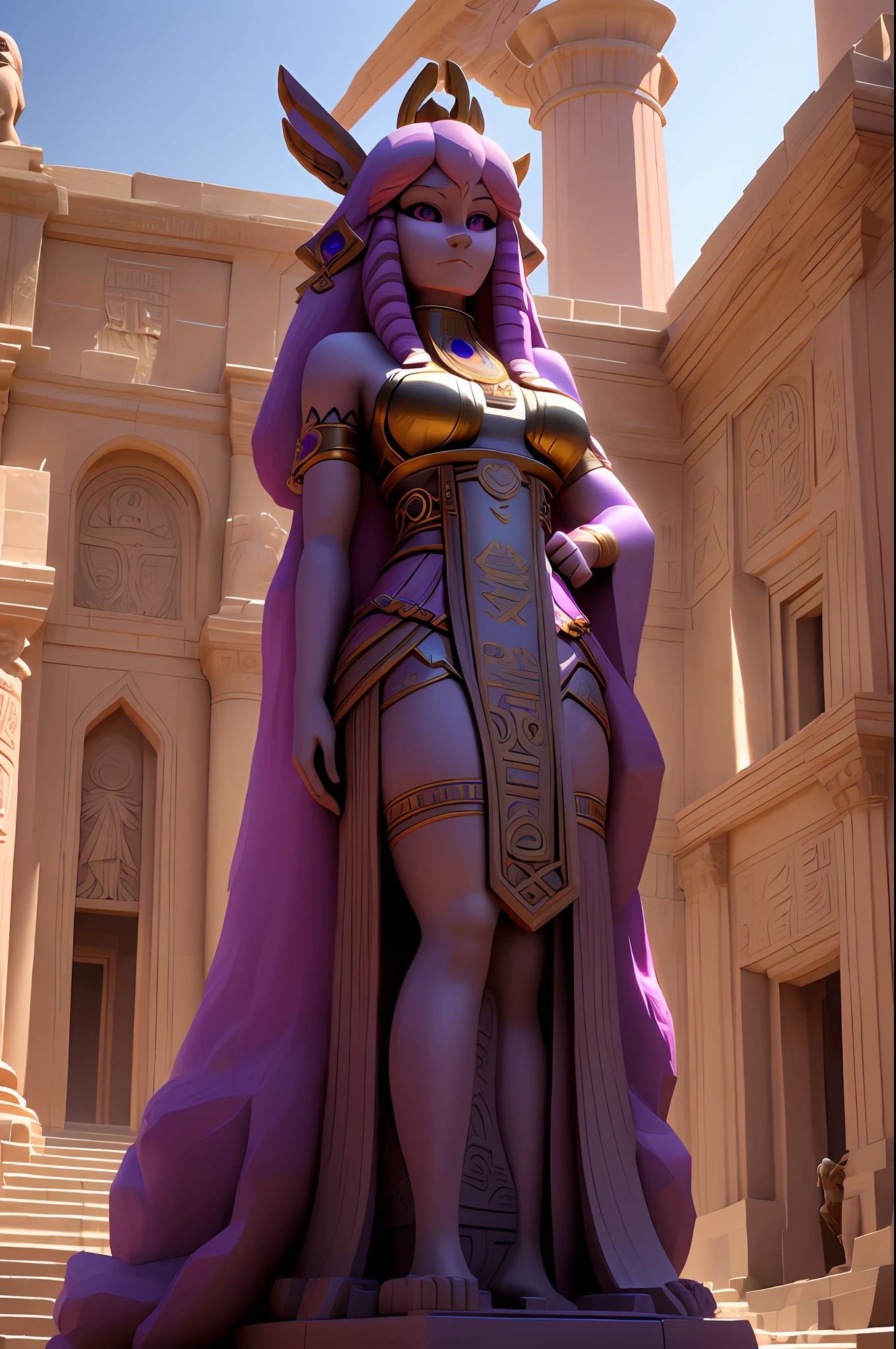 , epic image, Egyptian sphinx looks like a girl, yae miko, purple eyes, pink hair, statue, full tall dress, natural light, 8k, hdr,
