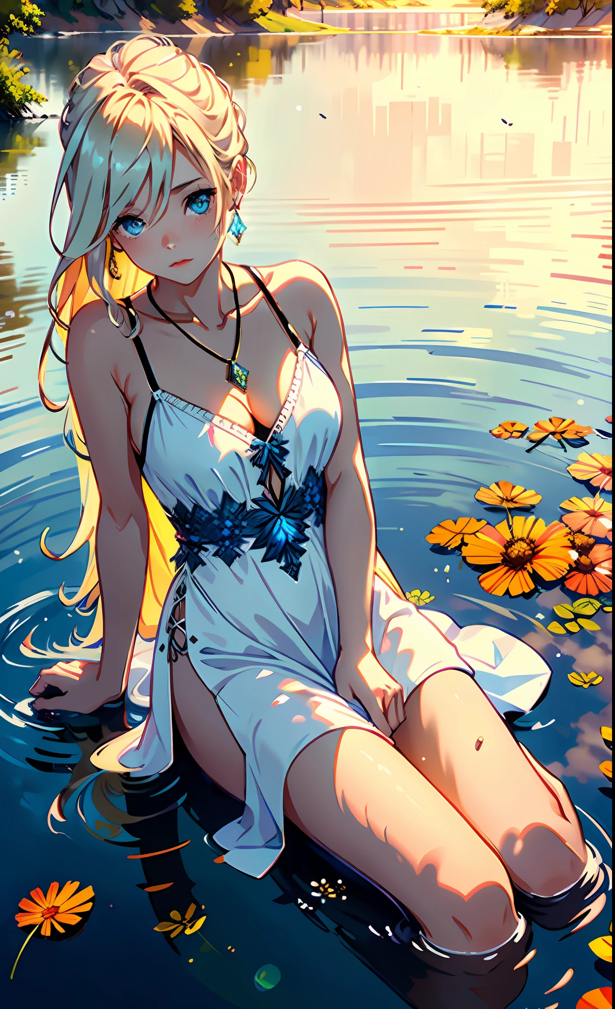 1 girl, serene expression, mesmerizing eyes, straight long hair, flowing dress, poised posture, porcelain skin, subtle blush, crystal pendant BREAK golden hour, (rim lighting):1.2, warm tones, sun flare, soft shadows, vibrant colors, painterly effect, dreamy atmosphere BREAK scenic lake, distant mountains, willow tree, calm water, reflection, sunlit clouds, peaceful ambiance, idyllic sunset, ultra detailed, official art, unity 8k wallpaper , zentangle, mandala