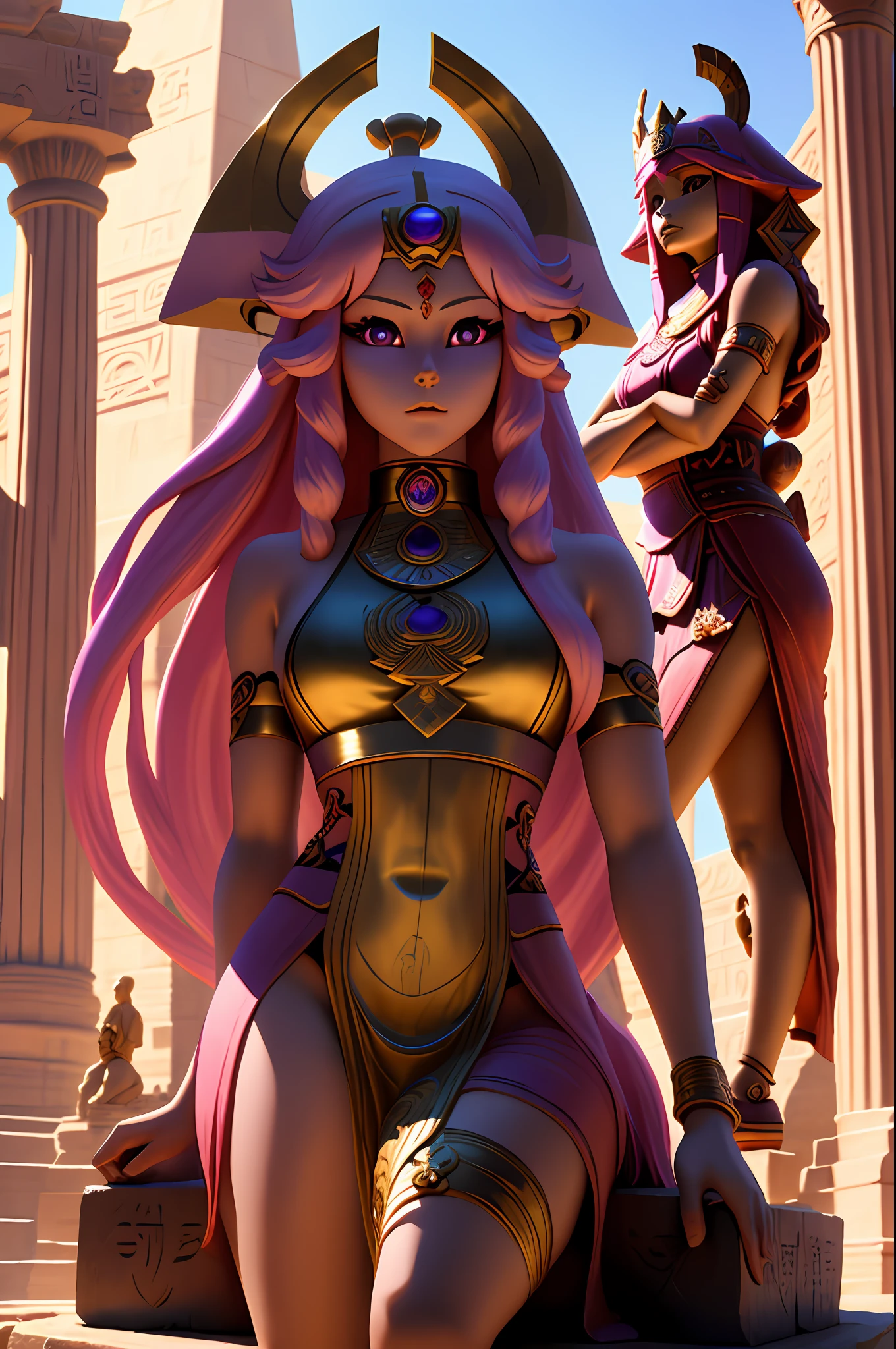 , epic image, Egyptian sphinx looks like a girl, yae miko, purple eyes, pink hair, statue, full tall dress, natural light, 8k, hdr,