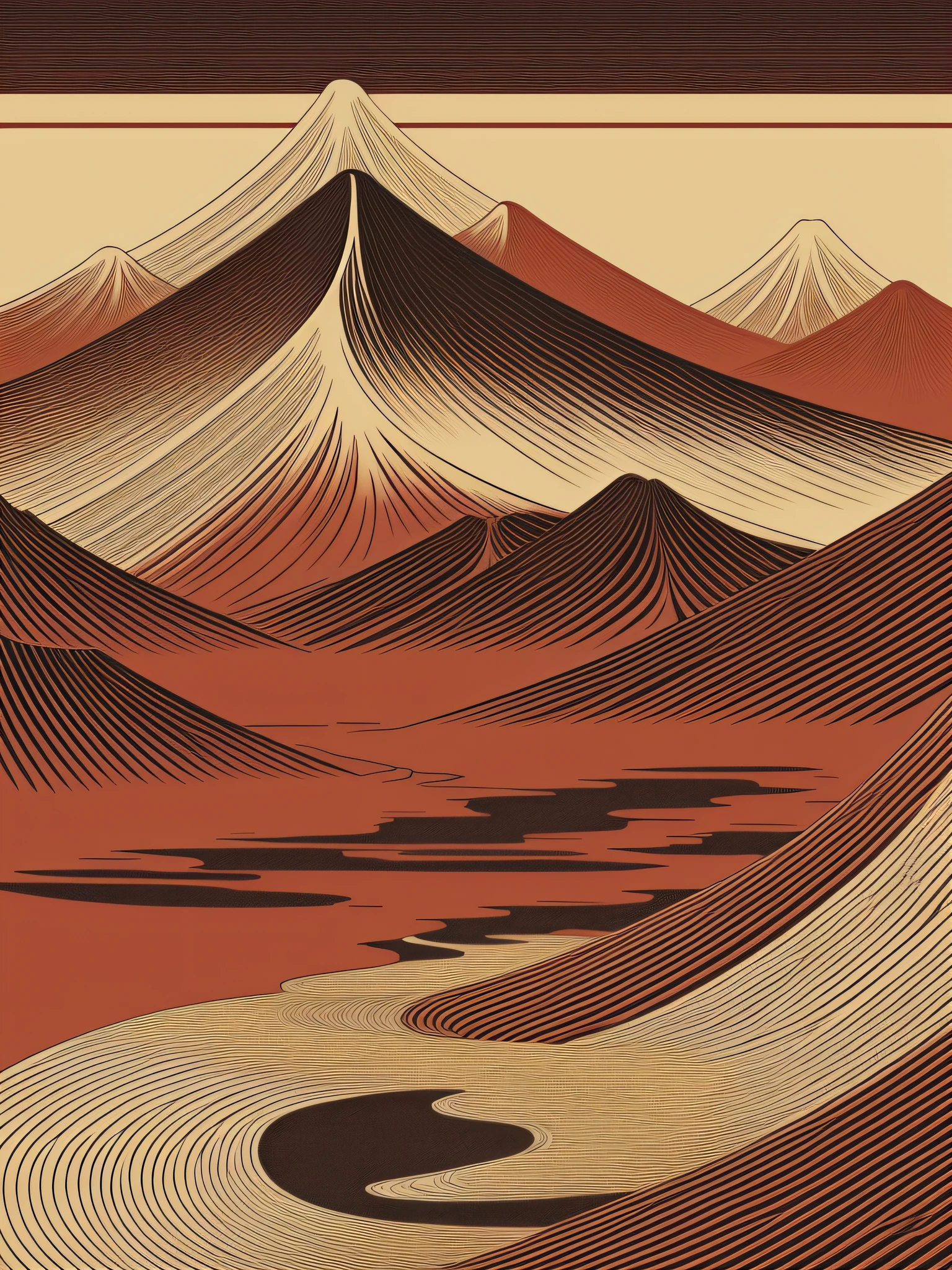ink drawing of a japanese landscape, japanese painting style, red tones, vectorized, flat vector art, retro, vintage, rustic, anguished texture, line art, printmaking style, trend in artstation, 8k, masterpiece, fine detail, intricate detail, golden aspect ratio illustration, highly detailed, amazing quality, smooth