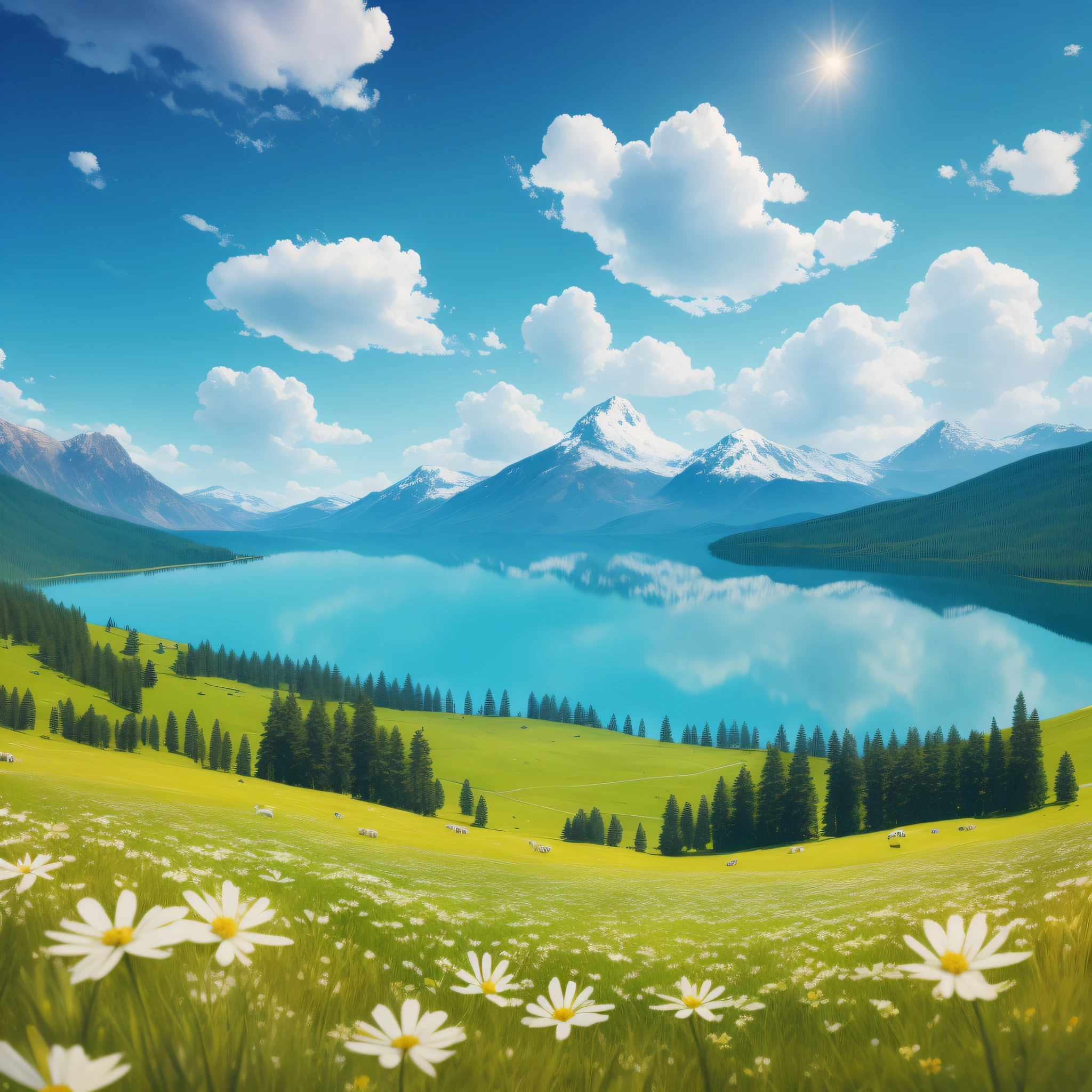 Summer, meadows, a few small flowers, clear lakes, sheep, heaven, large clouds, blue sky, hot weather, HD detail, hyper-detail, cinematic, surrealism, soft light, deep field focus bokeh, distant vistas are snowy mountains, ray tracing, and surrealism.