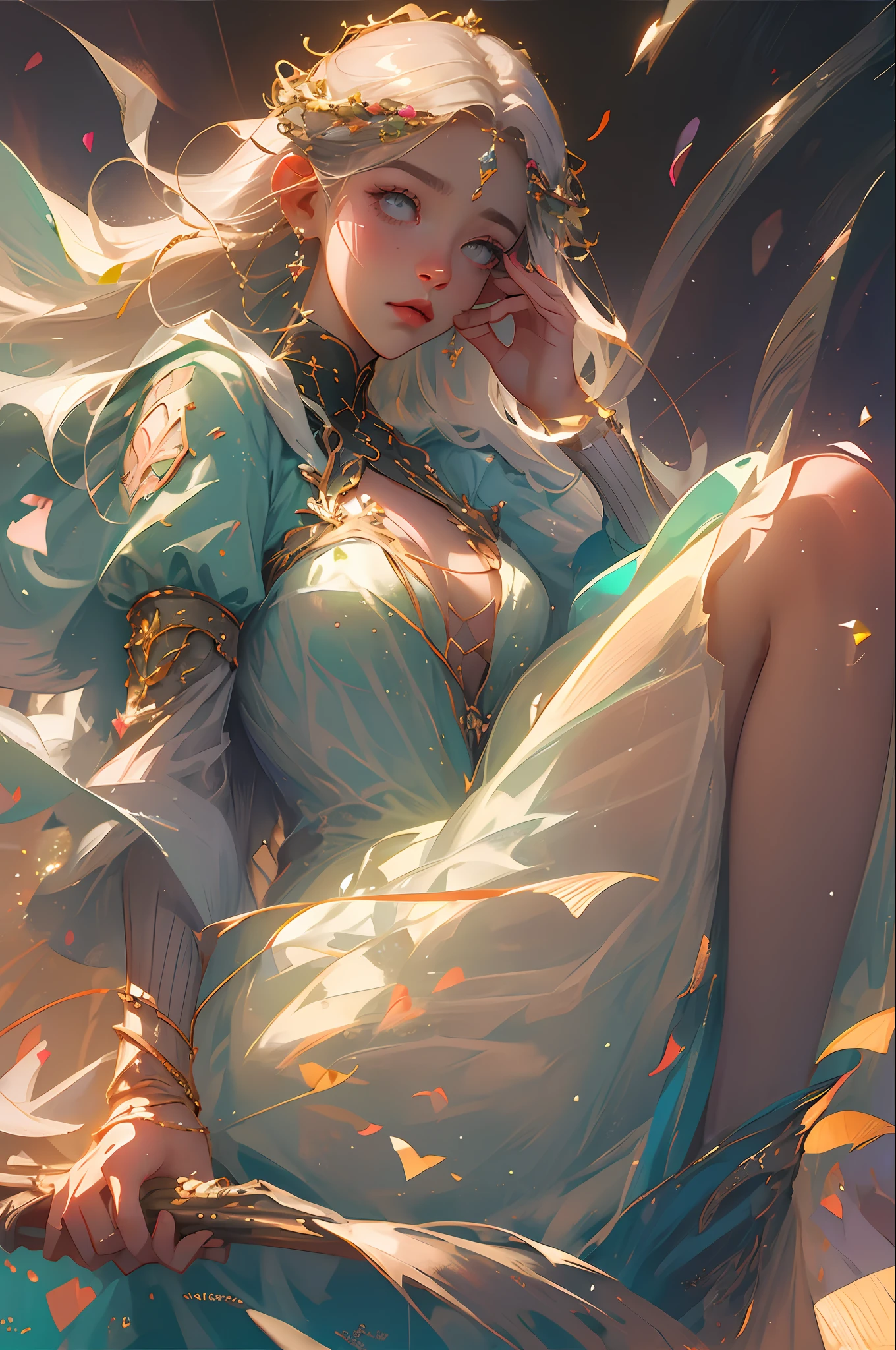 semi-realistic anime photo, high quality, A fairy falling from the sky, translucent with multicolored glitters, white dress, symmetrical face, golden hour, soft, focused, highly detailed, hyperrealistic, dramatic lighting, elegant, intricate, concept art, art by wlop, mars ravelo, greg rutowski, artstation --auto --s2