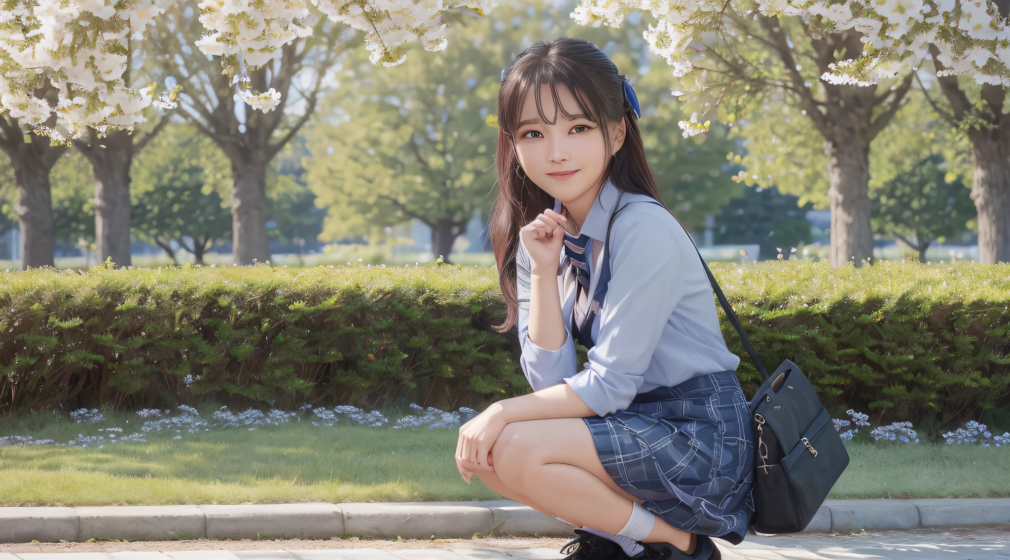 Very Smile,(Best Quality),(Masterpiece),(Super Detail),(Hi-Res),(8K Portrait),Production Art,Full Body,Hanazono Park,Squatting,Flower Garden,Hands Tucked Between Crotch,Open Legs,Single,Solo,Cute,Cityscape,Day,Blue Sky,(Wind:1.4),Delicate Face,Small Head,Brown Eyes,Short Sleeved Uniform,Silver-Blue Striped Tie,Blue Tartan Skirt,Black tote bag, smile, happiness,