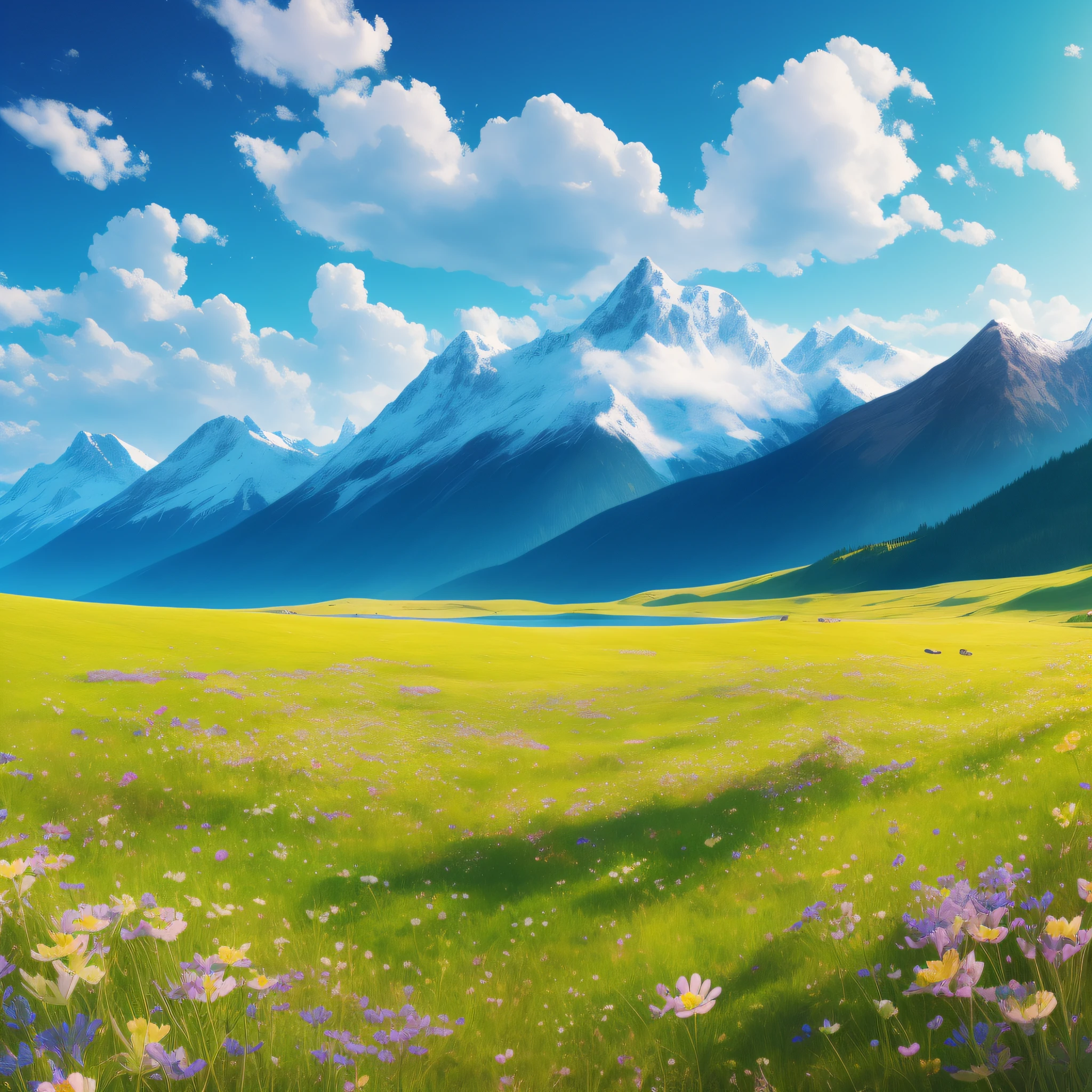 Summer, meadows, a few small flowers, clear lakes, sheep, heaven, large clouds, blue sky, hot weather, HD detail, hyper-detail, cinematic, surrealism, soft light, deep field focus bokeh, distant vistas are snowy mountains, ray tracing, and surrealism.