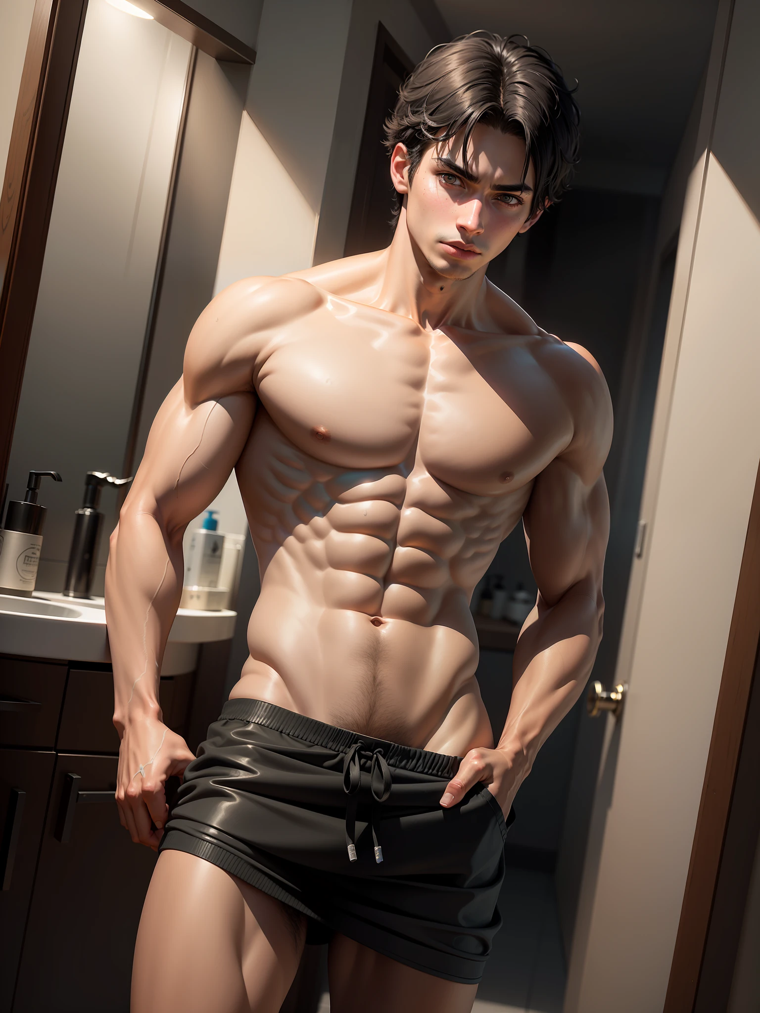 Brazilian, realistic, detailed, distant view, sexy, teenage boy, young, short straight black hair, black eyes, towel on hips, arrogant look, bathroom, bathroom, lying in bathroom, realistic eyes, detailed face, detailed hands, detailed legs, detailed fingers, detailed hair, detailed eyes, detailed skin, showing the, dynamic lighting, (photorealistic: 1.4), 8k uhd, (hyper realistic), (realistic photo), (masterpiece), (best quality)