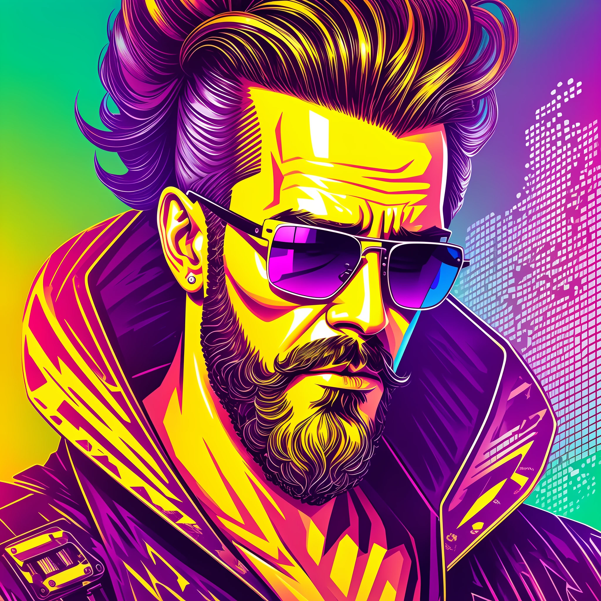 a man with a beard and sunglasses, cyberpunk art, funk art, stunning gradient colors, stylized portrait h 704, pompadour, twitch streamer, cold colors. insanely detailed, t-800, no watermark signature, in rich color, outrun