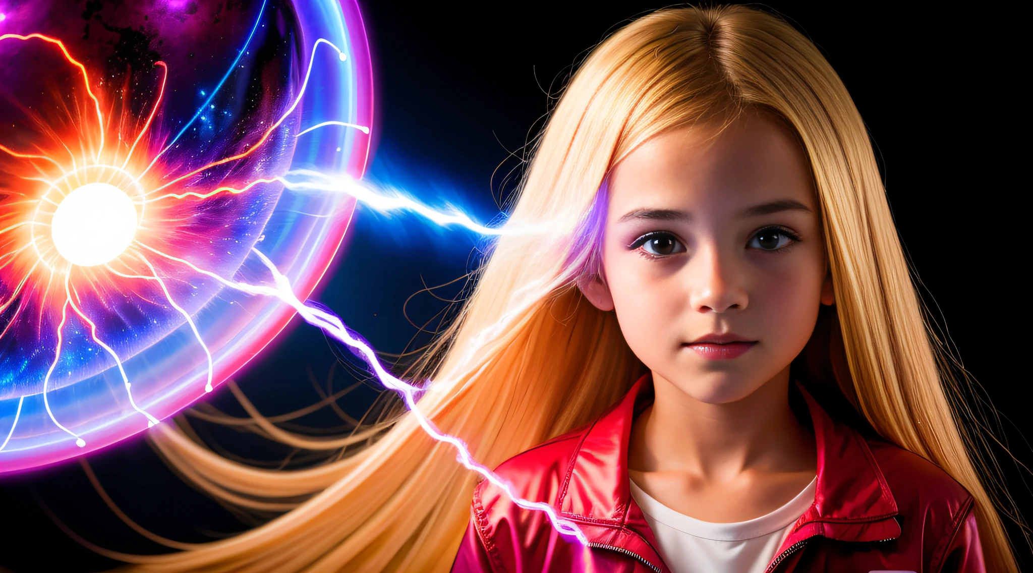 girl 10 yende straight hair very long, PORTRAIT STYLE, CLOSE UP, of a plasma ball with a red ball in the middle, plasma globe, a large sphere of red energy, plasma charges, spinning plasma, aura of electricity, plasma, inner glow of plasma neon, energy spheres, colored plasma hair, lightning arc plasma, tesla coil, electrons, plasma rays, electric aura, glowing sphere, purple energy, electrifying