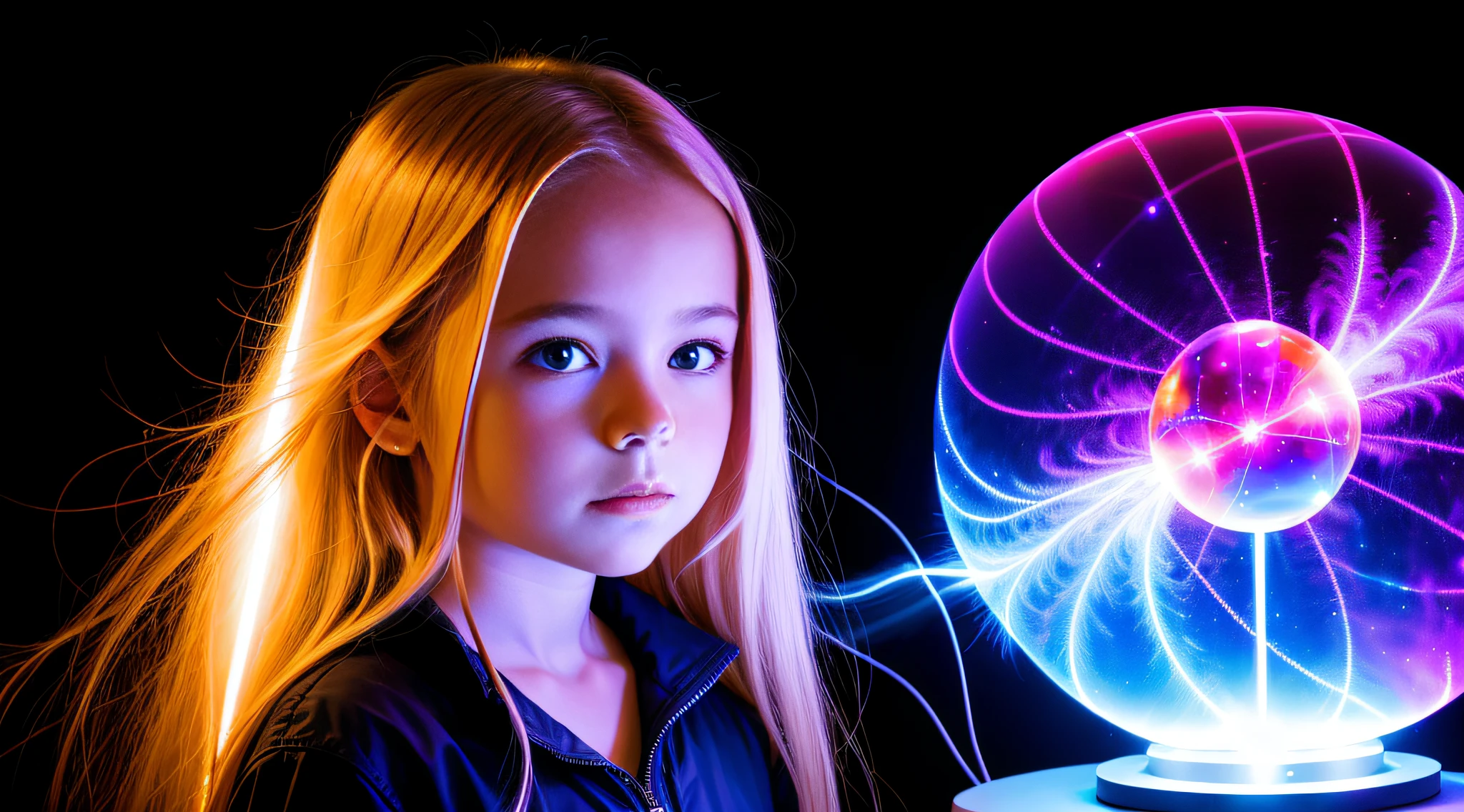 girl CHILD 10 years old, blonde straight hair very long, PORTRAIT STYLE, CLOSE UP, of a plasma ball with a red ball in the middle, plasma globe, a large sphere of red energy, plasma charges, spinning plasma, aura of electricity, plasma, inner glow of plasma neon, energy spheres, colored plasma hair, lightning arc plasma, tesla coil, electrons, plasma rays, electric aura, glowing sphere, purple energy, electrifying