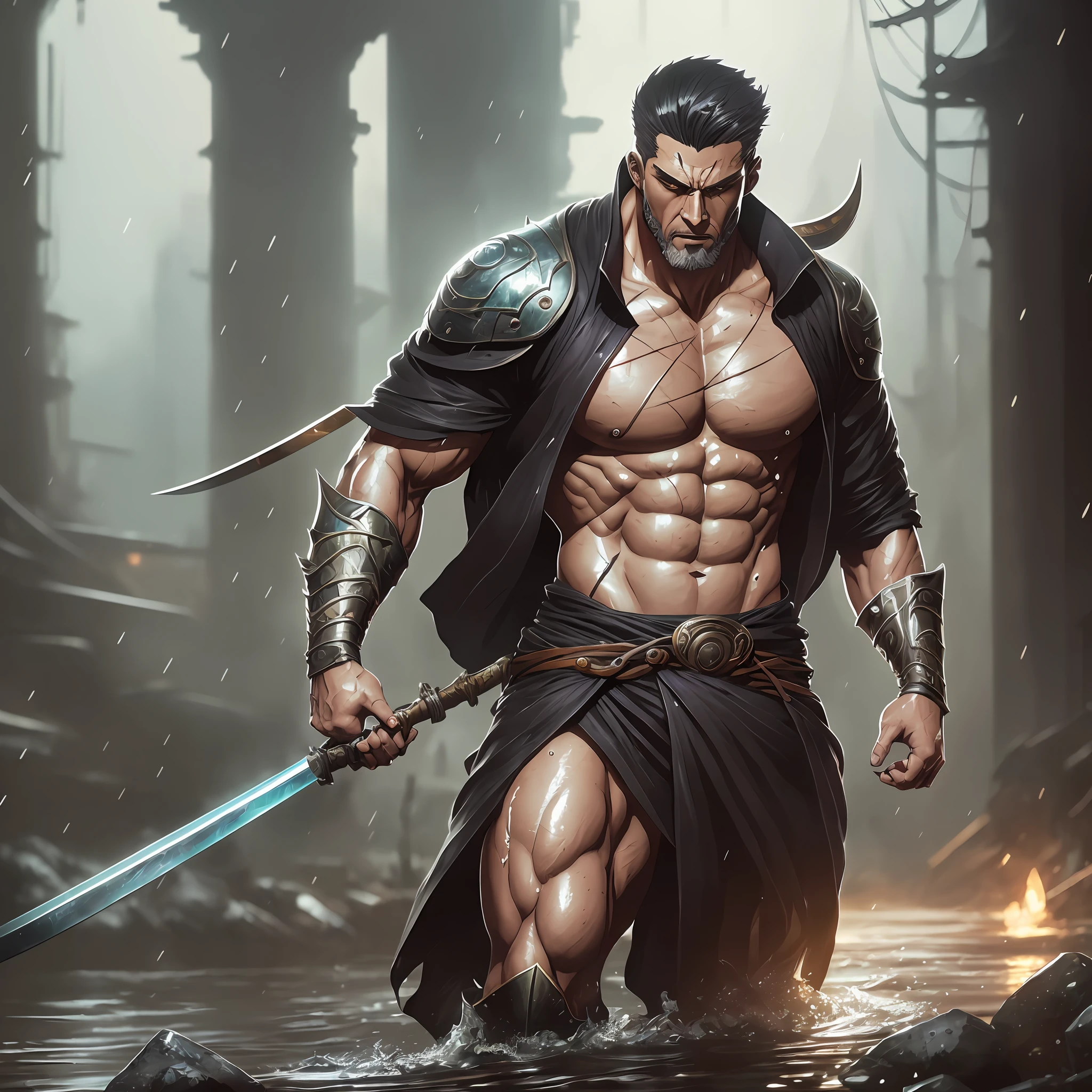 photo of the most beautiful artwork in the world featuring Roronoa Zoro, soft and lustrous, ((epic heroic fantasy, muscular men, stout, wet, wounded hero, angry look, fierce appearance in a dynamic posture, fantastic location, majestic cluttered environment)), full body 8k unit rendering, action photo, skin pores, very dark lighting, heavy shadows, detailed and detailed face, (vibrant, photorealistic, realistic, dramatic, dark, sharp focus, 8k), (weather-damaged Japanese clothing, shirtless: 1.4), (intricate: 1.4), decadent, (highly detailed: 1.4), digital painting, octane rendering, artstation, concept art, smooth, sharp focus, illustration, artgerm art, (Loish: 0.23), Wlop Ilya Kuvshinov, and Greg Rutkowski and Alphonse Mucha Gracias, (global lighting, studio light, volumetric light), heavy rain, floating particles --auto --s2
