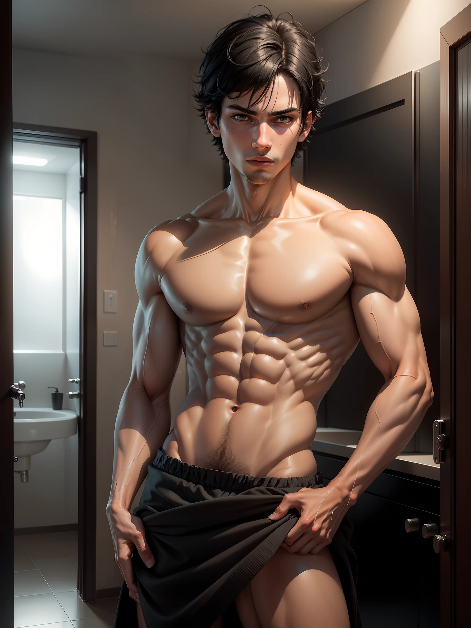 Brazilian, realistic, detailed, distant view, sexy, age boy, young, short straight black hair, black eyes, towel on hips, arrogant look, bathroom, bathroom, lying in bathroom, realistic eyes, detailed face, detailed hands, detailed legs, detailed fingers, detailed hair, detailed eyes, detailed skin, showing the, dynamic lighting, (photorealistic: 1.4), 8k uhd, (hyper realistic), (realistic photo), (masterpiece), (best quality)