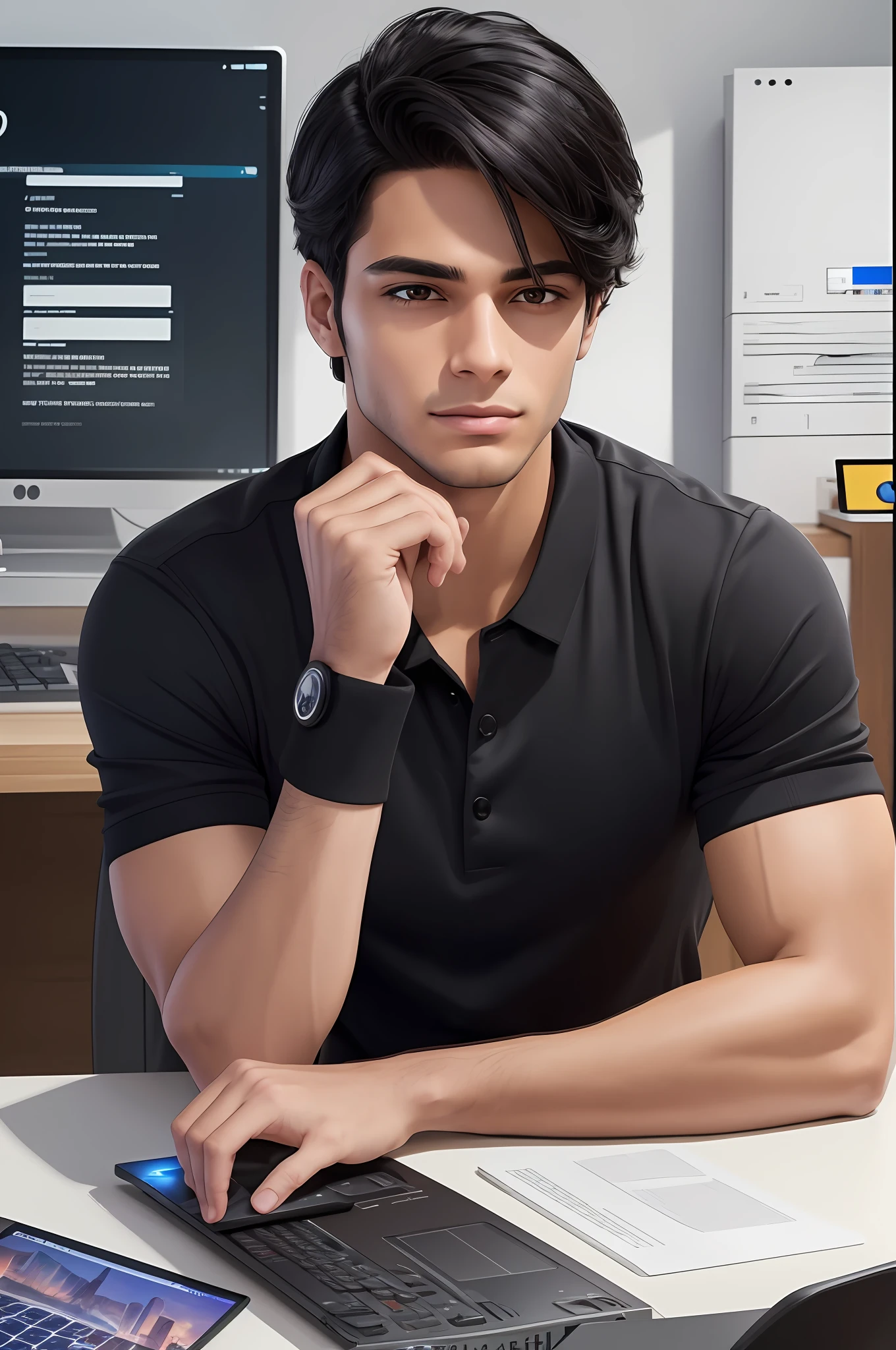 Imagine a 22-year-old, brunette and Latin American, with an engaging and frighteningly beautiful look. His black hair reflects the light of the office while his light brown eyes capture the attention of all who see him. He wears a black T-shirt with details on the collar and sleeve of lilac color, beautiful and modern Jeans jacket. He's working on his computer, facing the computer screen, with his hands on top of the keyboard, one hand on the keyboard and the other on the mouse. He has a normal athletic body, which shows itself through his well-cut social clothes. This is our perfect support agent for the company that specializes in website creation. He is friendly, helpful and always ready to help. There is no doubt that he is the perfect face of our support team. ( high quality and realistic image), ((Best Quality, 8k, Masterpiece). --auto --s2