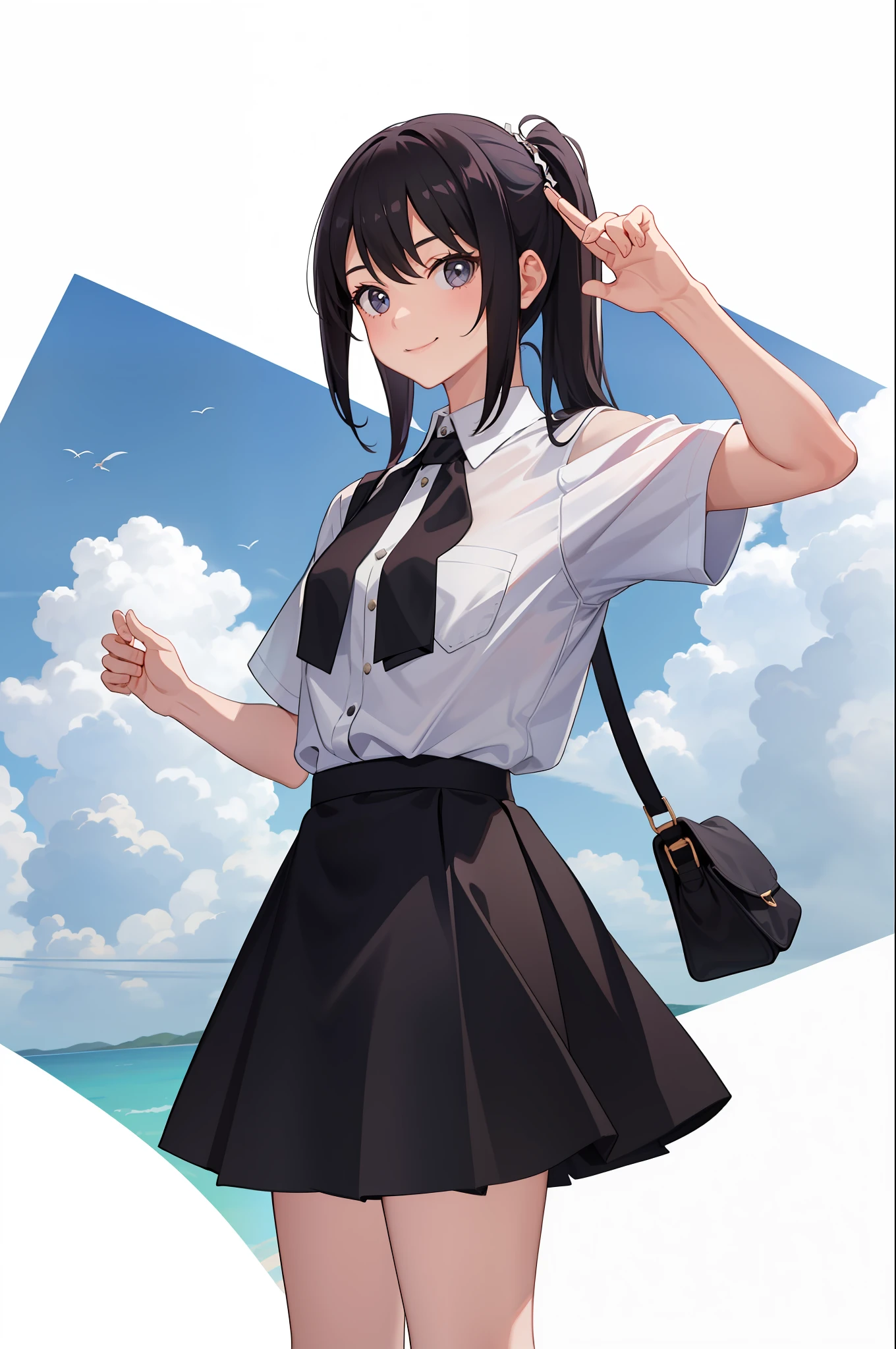 1 girl, smile, shirt, skirt, (small)