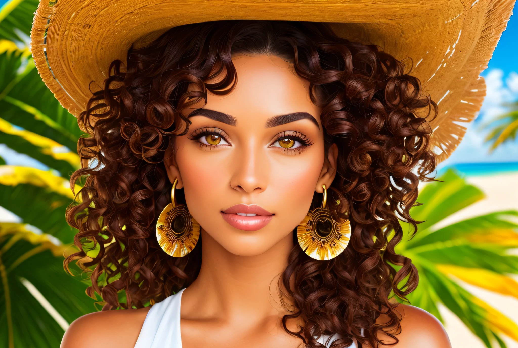 (brunette hair+Brazilian:1.2+dark:0.9+curly hair:1.1), (girl OR woman), big brown eyes, full lips, golden earrings, tropical background, palms, sunshine, beach, bright colors, summer vibes.