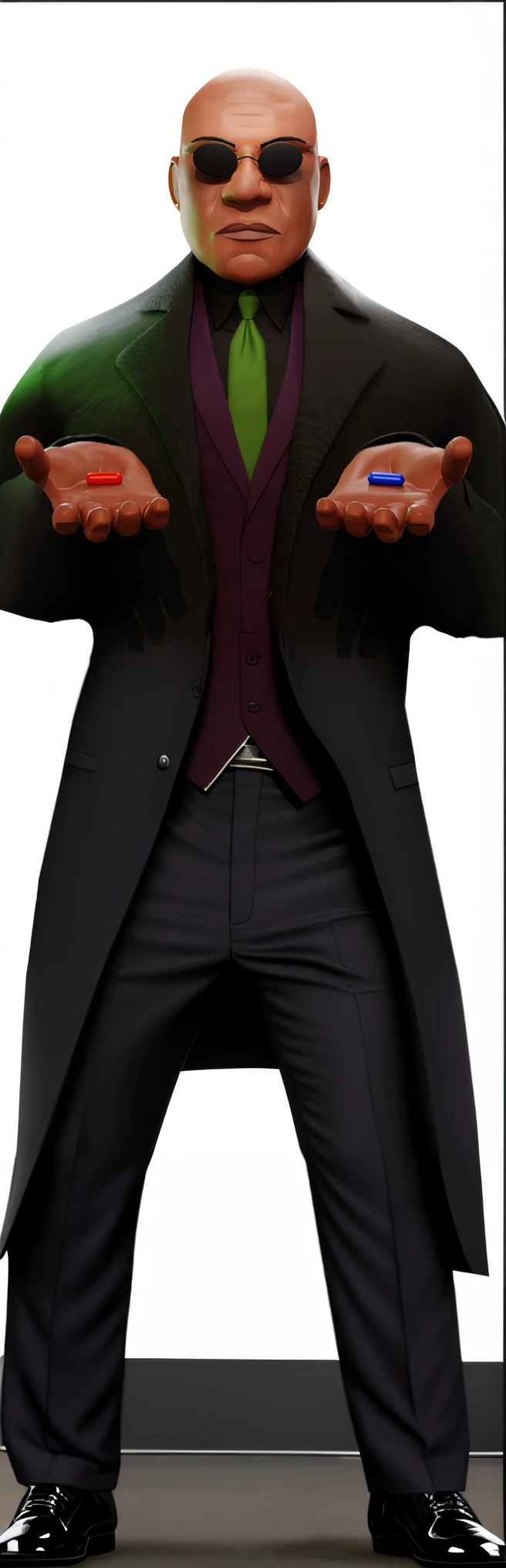 Morpheus from The Matrix, black suit and black dress pants, wearing social shoes