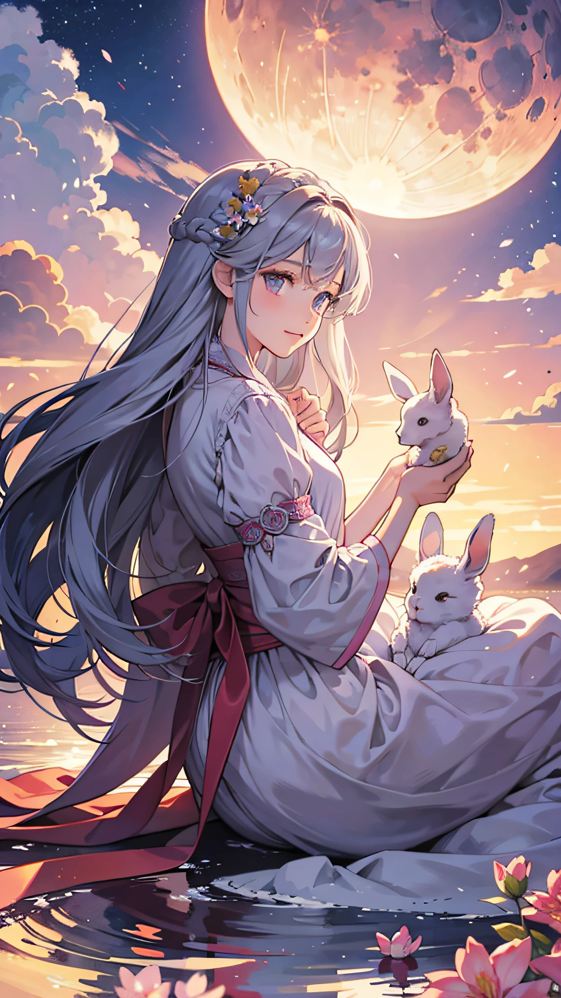 ((Best Quality)), ((Masterpiece)) Moon, Luna God, Goddess, Flower, Girl holding rabbit in hand. Sitting in pink clouds, sunset, side backlight.