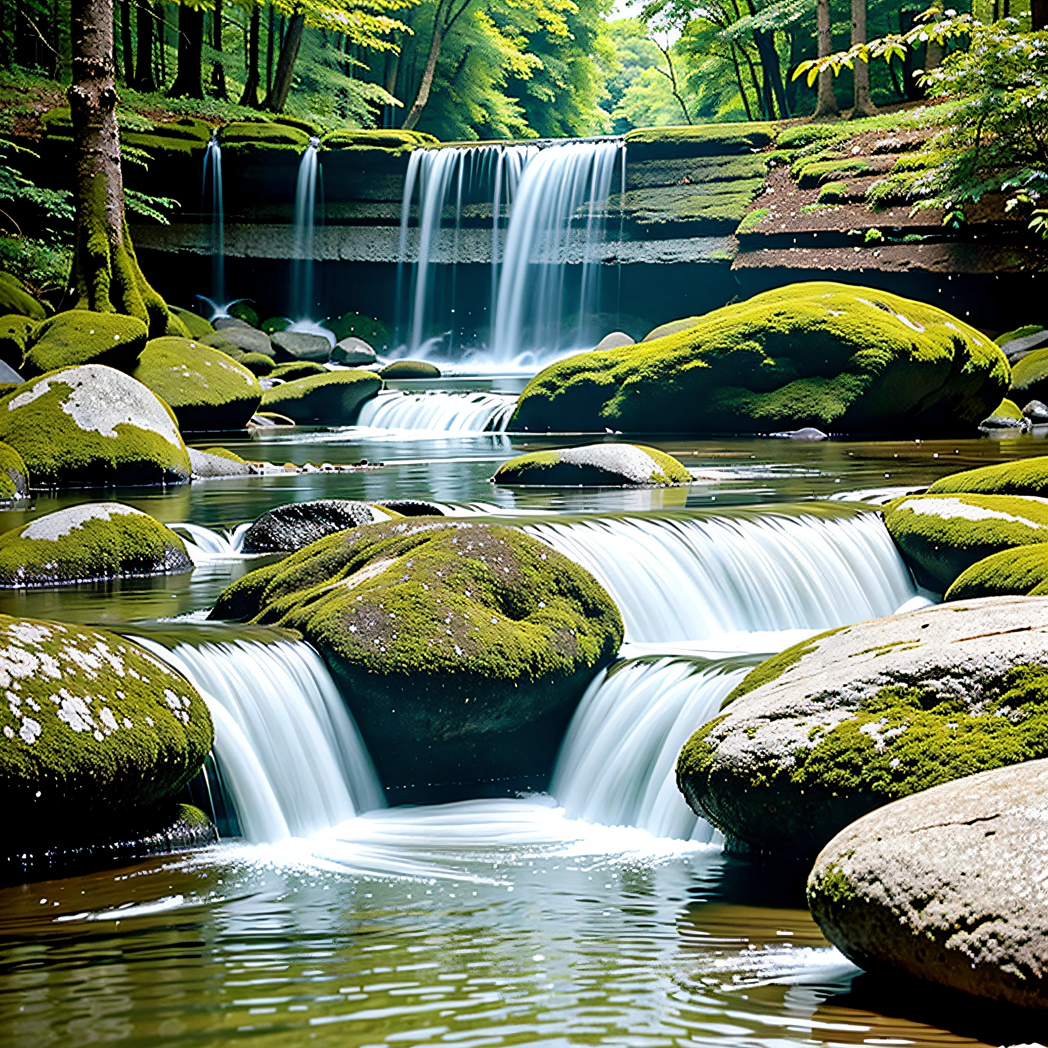 @(waterfall)river gushing between two rocks, illuminated by the setting sun, surrounded by a dense forest rich in colors, surrounded by the singing of birds and the sound of nearby streams.