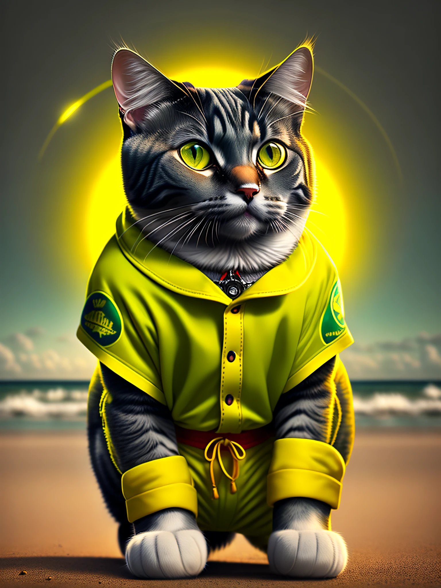 image of a beautiful cat of the Chartreux breed wearing the flash uniform, art station trend, dressed in beachwear, hyper realistic detailed rendering, Brazilian gang member, urban style, relaxed pose, planet of cats, fashionable clothes, urban samurai, meow, West Slavic traits, 8 1 5