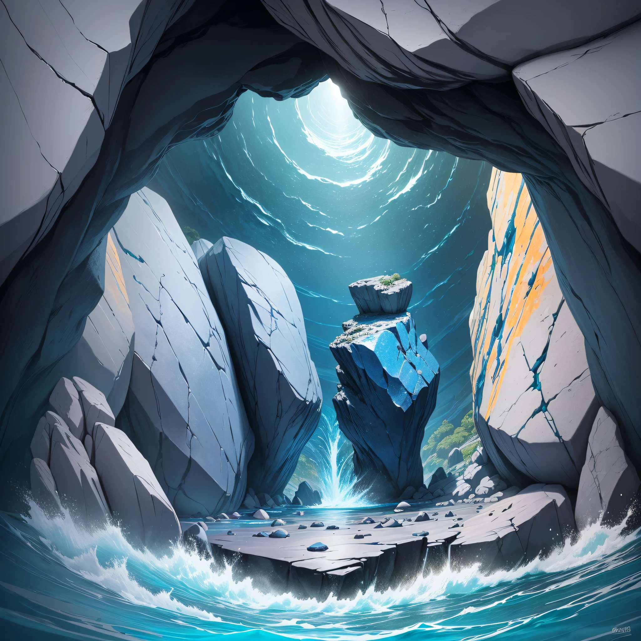 (material: rock in cave foirma)^5,(material: water)^5,(detail:extremely detailed)^2,(angle: dynamic angle),(location:between two giant rocks),(emotion:rush),(coloration: blue),(water movement:flow),(view: wideshot),(language:en) --auto --s2