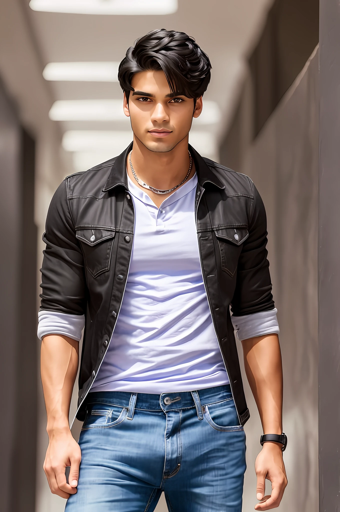 Imagine a 22-year-old, brunette and Latin American, with an engaging and frighteningly beautiful look. His black hair reflects the light of the office while his light brown eyes capture the attention of all who see him. Wearing a black T-shirt with details on the collar and sleeve of lilac color, beautiful and modern Jeans jacket, he has a normal athletic body, which shows itself through his well-cut social clothes. This is our perfect support agent for the company that specializes in website creation. He is friendly, helpful and always ready to help. There is no doubt that he is the perfect face of our support team. ( high quality and realistic image), ((Best Quality, 8k, Masterpiece). --auto --s2