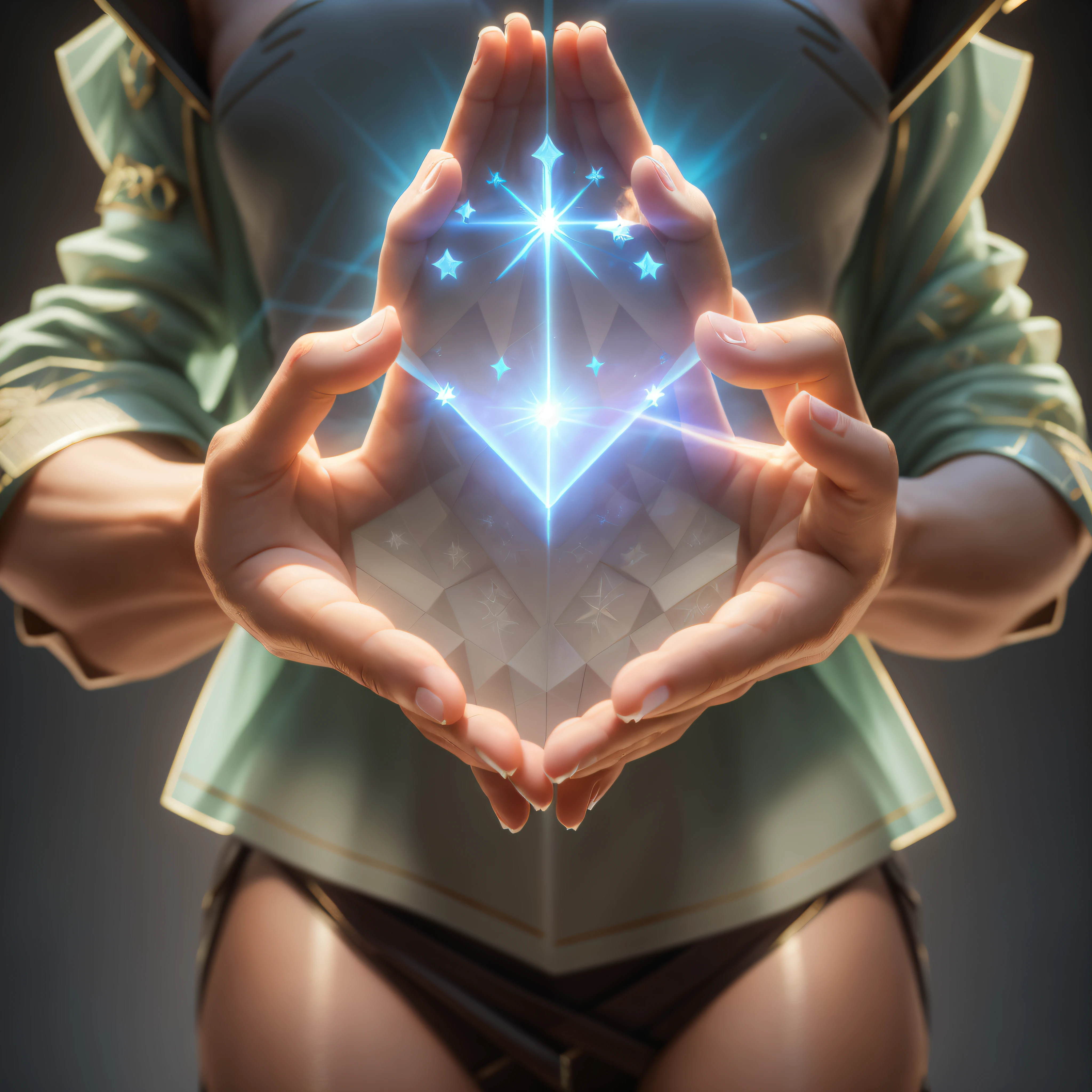 someone is holding a glowing star in their hands, unreal engine render + a goddess, 3 d render beeple, unreal engine render saint seiya, rendered in corona, artgerm ; 3d unreal engine, 3 d render stylized, holding a holy symbol, ( ( unreal engine ) ), 3 d render character art 8 k, ethereal hologram center