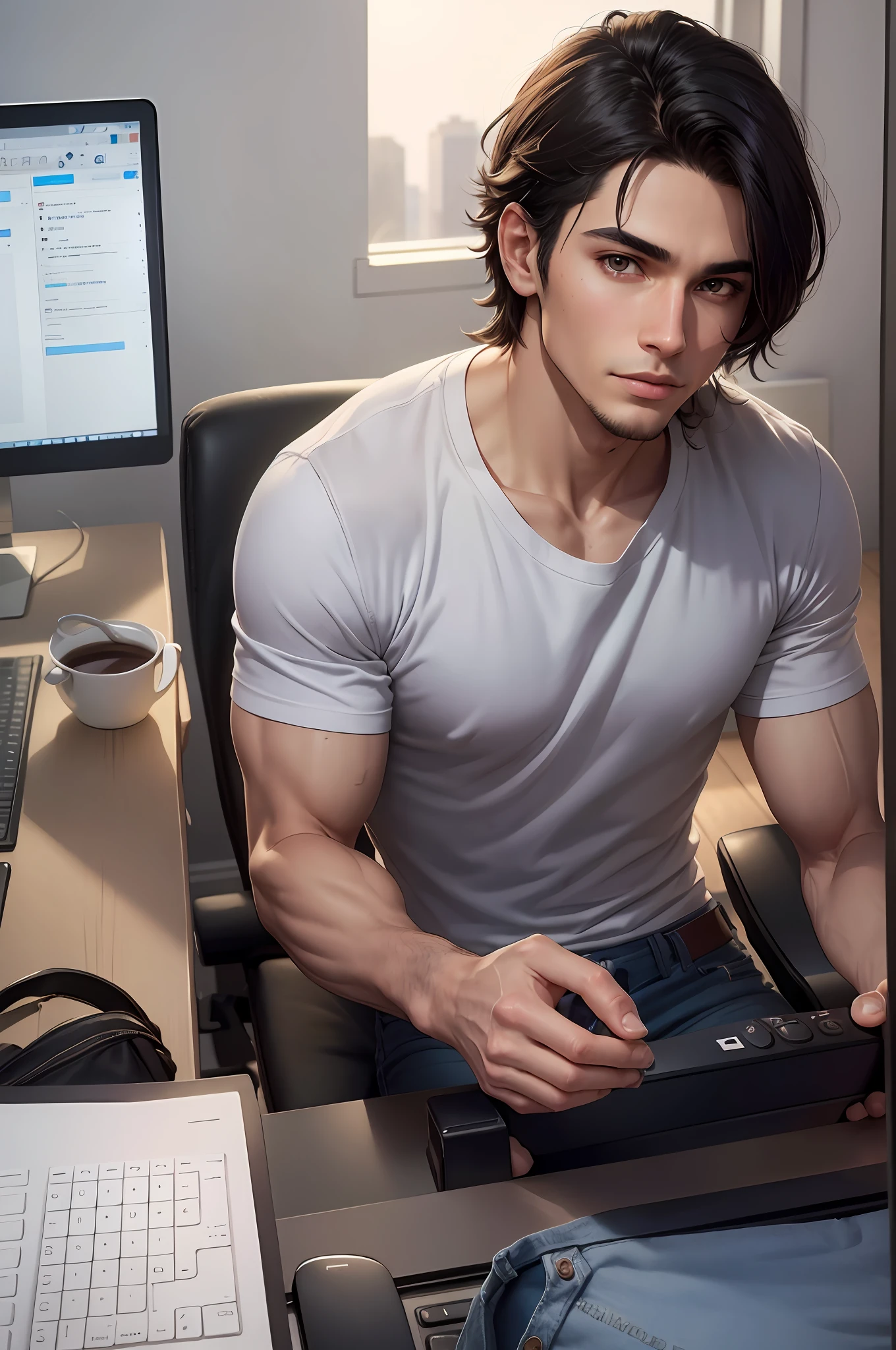 Imagine a 22-year-old, brunette and Latin American, with an engaging and frighteningly beautiful look. His black hair reflects the light of the office while his light brown eyes capture the attention of all who see him. He wears a black T-shirt with details on the collar and sleeve of lilac color, beautiful and modern Jeans jacket. He's working on his computer, facing the computer screen, with his hands on top of the keyboard, one hand on the keyboard and the other on the mouse. He has a normal athletic body, which shows itself through his well-cut social clothes. This is our perfect support agent for the company that specializes in website creation. He is friendly, helpful and always ready to help. There is no doubt that he is the perfect face of our support team. ( high quality and realistic image), ((Best Quality, 8k, Masterpiece). --auto --s2