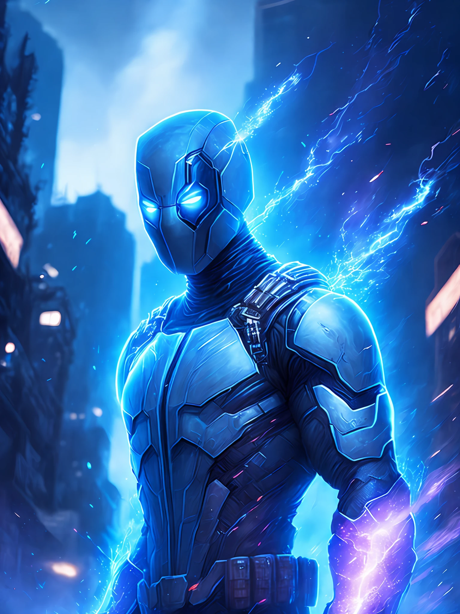 gloomy portrait of White Deadpool from Marvel, extremely detailed, futuristic cityscape, nighttime, glowing neon lights, smoke, sparks, metal shavings, flying debris, blue energy effects, volumetric light