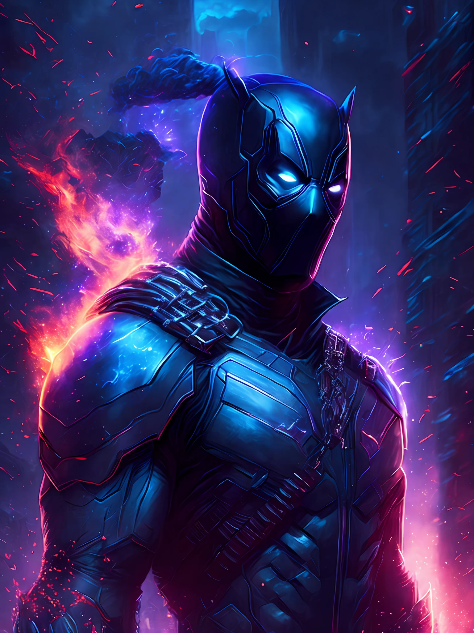 gloomy portrait of Black Deadpool from Marvel, extremely detailed, futuristic cityscape, nighttime, glowing neon lights, smoke, sparks, metal shavings, flying debris, blue energy effects, volumetric light