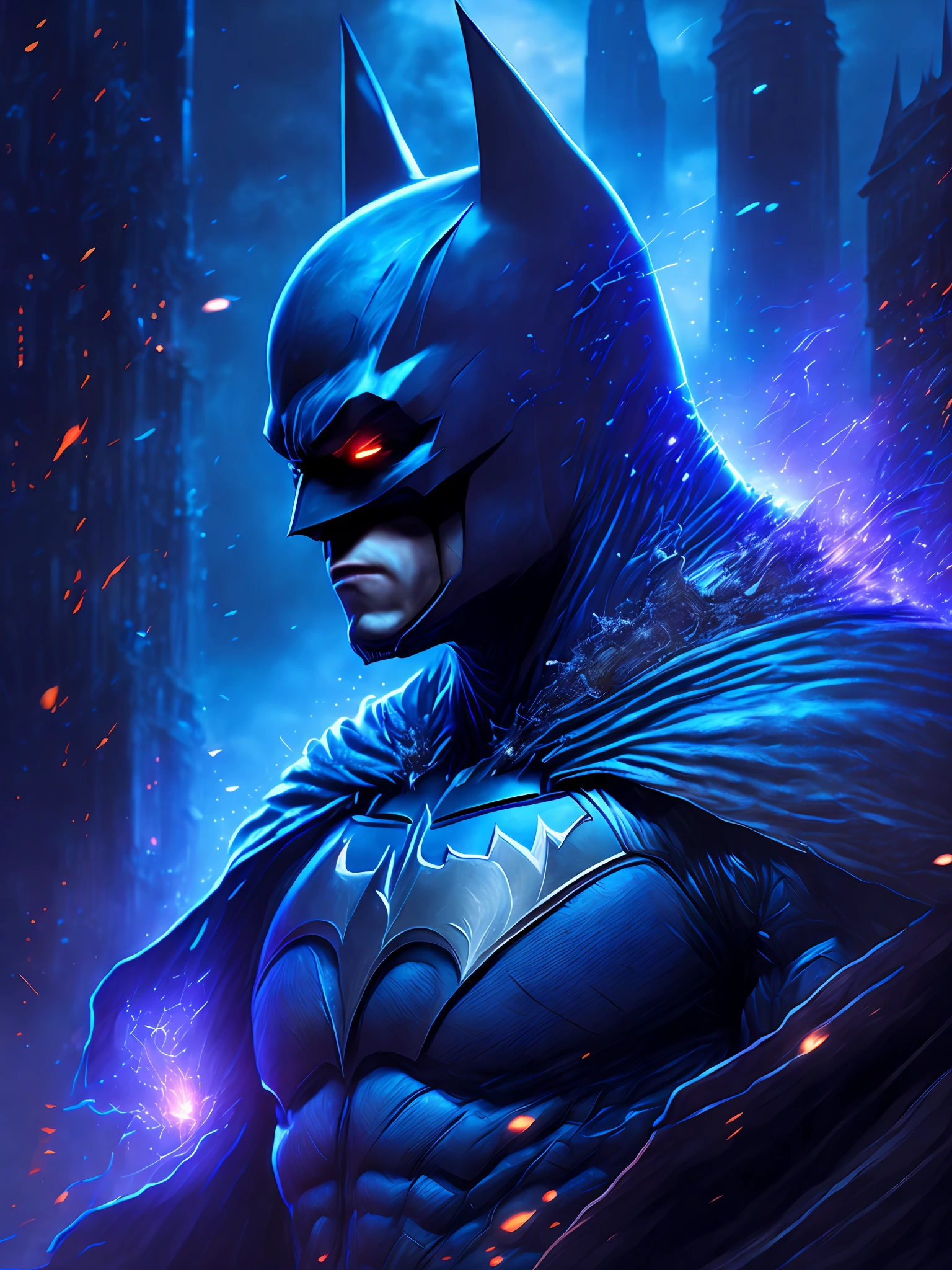 gloomy portrait of Batman from DC, extremely detailed, futuristic cityscape, nighttime, glowing neon lights, smoke, sparks, metal shavings, flying debris, blue energy effects, volumetric light