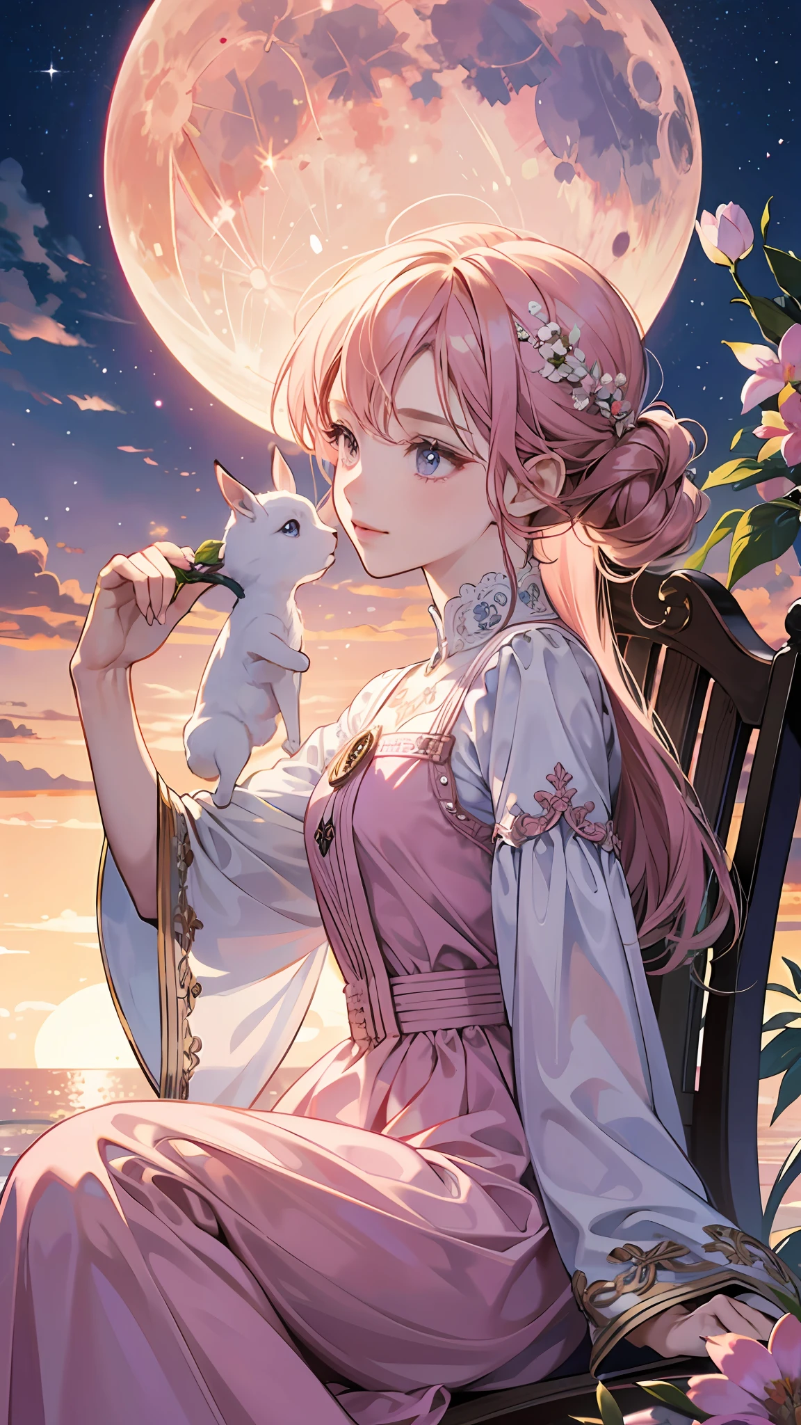 ((Best Quality)), ((Masterpiece)) Moon, Luna God, Goddess, Flower, Girl holding rabbit in hand. Sitting in pink clouds, sunset, side backlight.