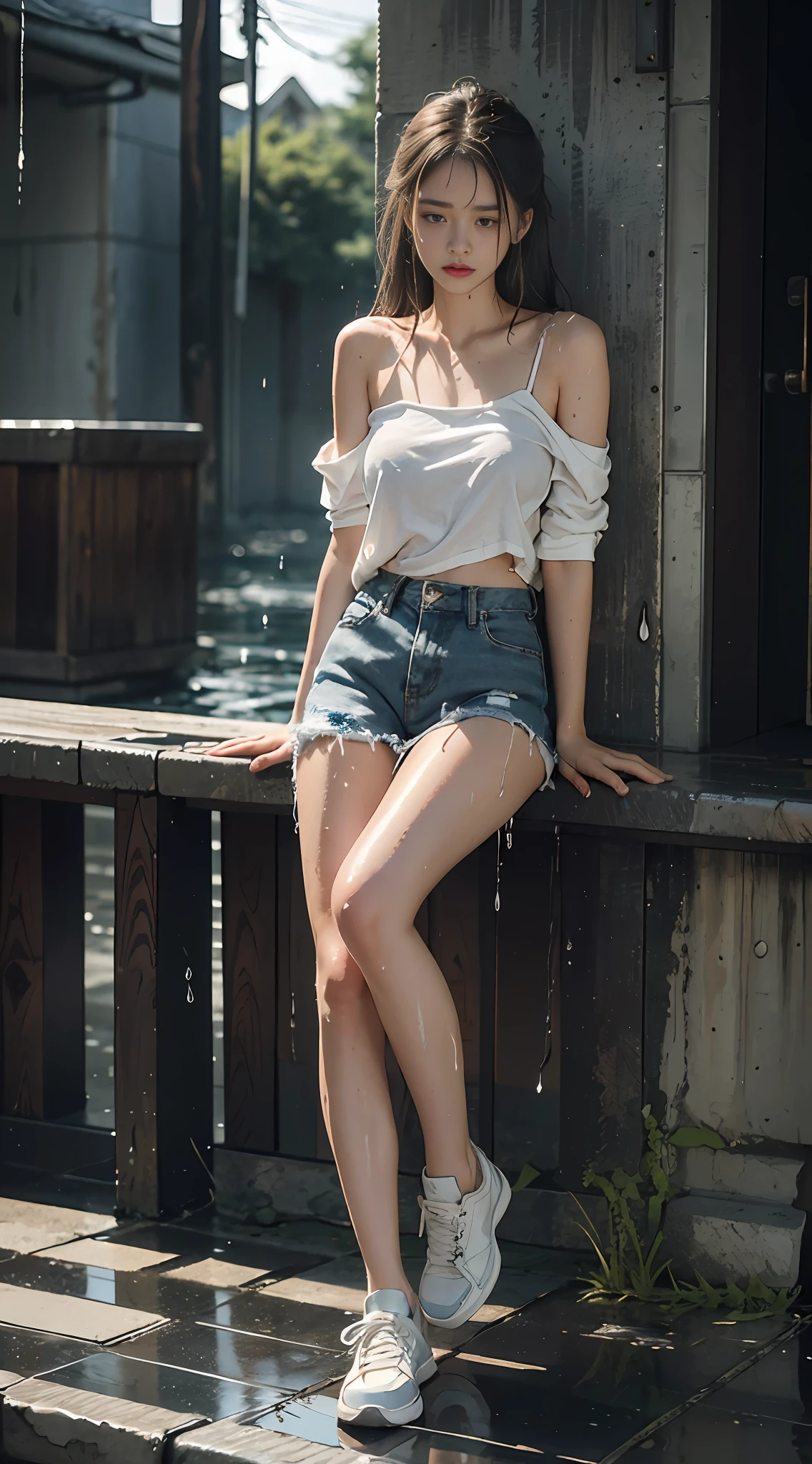 Best image quality, masterpiece, super high definition, (fidelity: 1.4), photo, one girl, [(sadness)], white shirt, dim, dark, hopeless, pathetic, cinematic, tears, tears, (torn clothes: 1.5), (wet clothes: 1.4), bare shoulders, real rain, wet hair, full body, sneakers, puddle, beautiful face