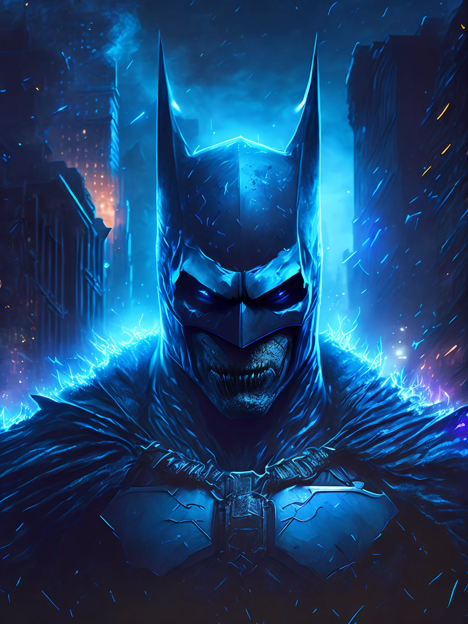 gloomy portrait of Zombie Batman from DC, extremely detailed, futuristic cityscape, nighttime, glowing neon lights, smoke, sparks, metal shavings, flying debris, blue energy effects, volumetric light