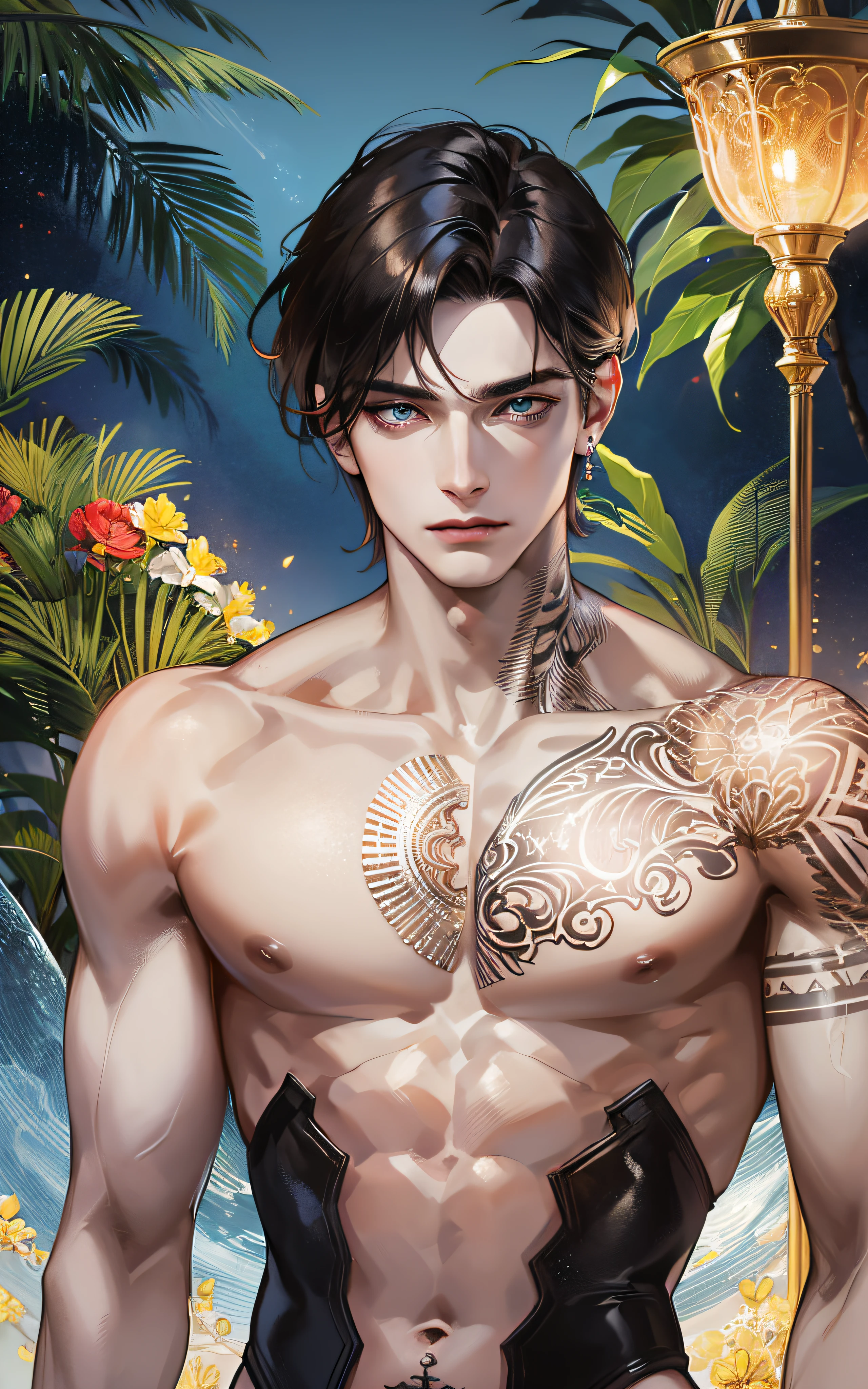 man, masculine, masculine face, attractive, muscular, ((1man)), masterpiece, absurdres, best quality ,intricate details , (shiny skin, shiny body, shiny oily luster skin, shiny hair, pale skintone), Sundown, attractive, ((muscular)), adult, one, tattoo in his chest ,black blouse, earrings, black pants, Don't look at the view , Not looking at the view, red short hair, perfect detailed face, perfect detailed hands, vampire, blue eyes, ((MLS)), medium large shoot
