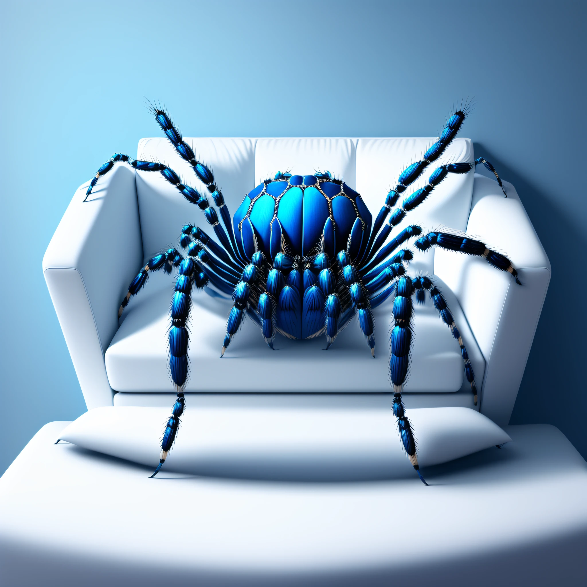 Giant spider on white sofa and ultra realistic blue