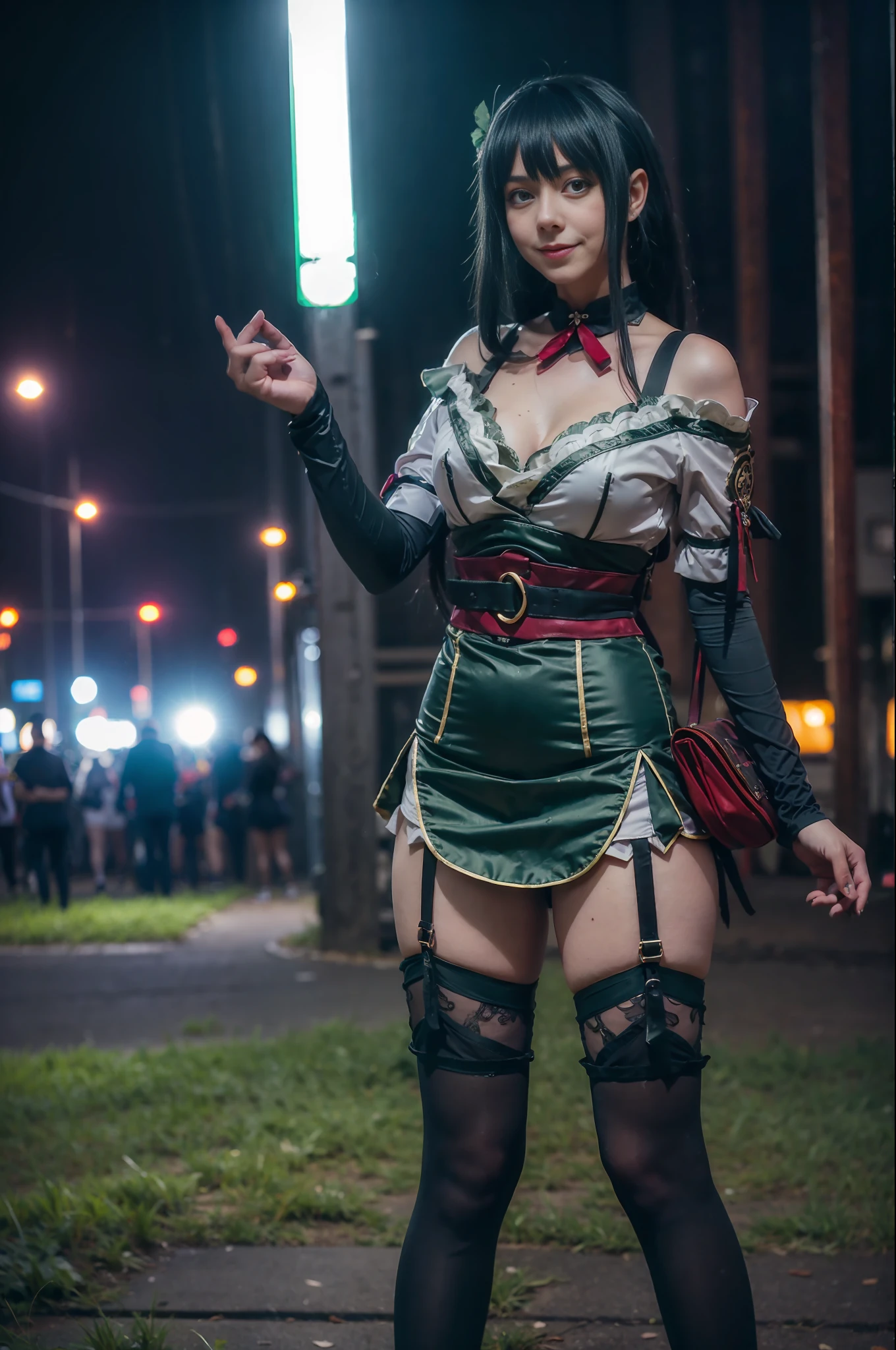 ((artistic photography)) Short dress,lace stockings Lolita sensual dark bright green,abandoned city and next to or train in a setting of ((night photography)) Lauren Jauregui, smiling cosplay expo body provided sexy