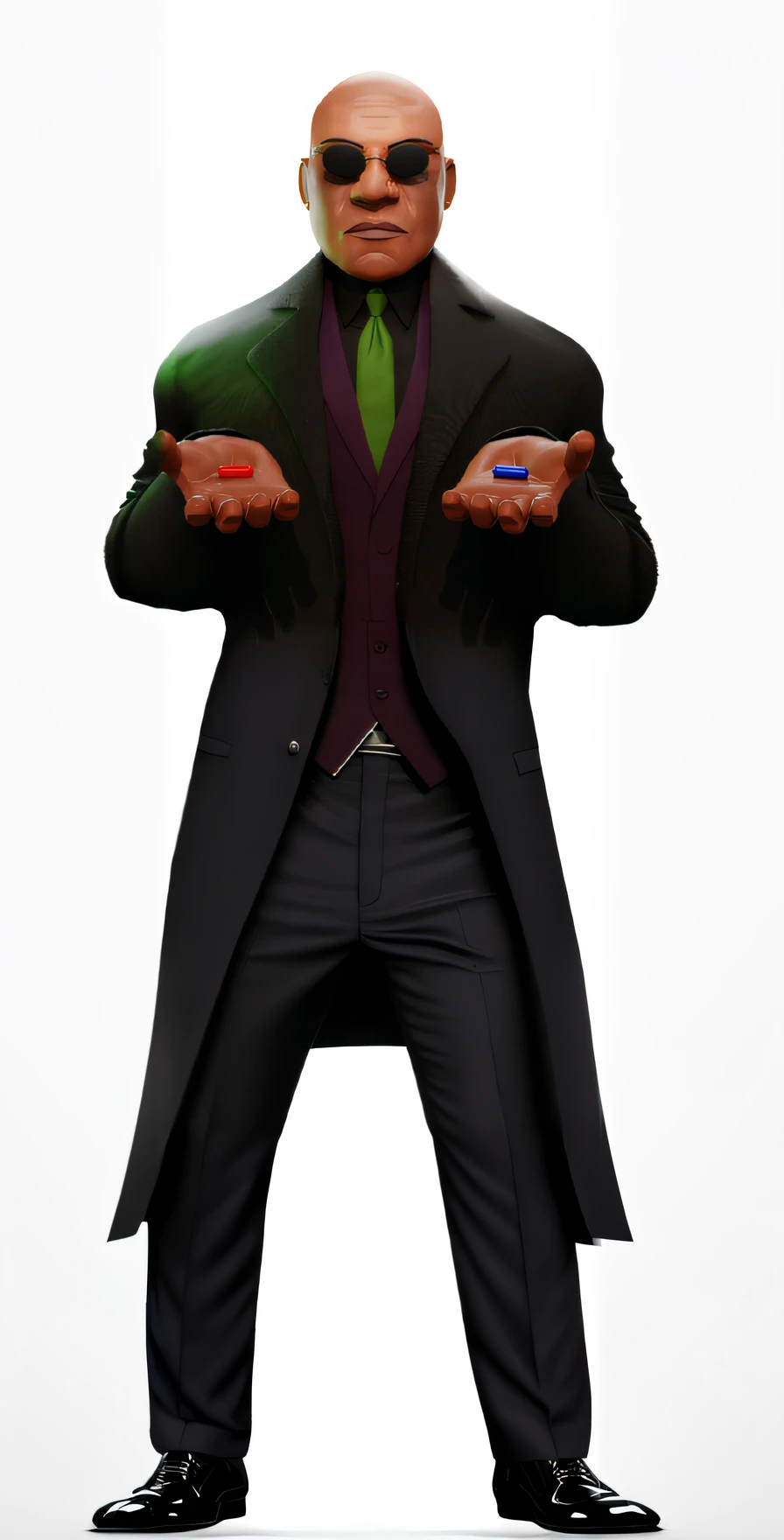 A closeup of a person in suit and tie with green tie, full body close-up, full body details, subject detail: wearing a suit, formal stylized portrait pose, dark suit, detail rendering, formal black suit. detailed, upper torso included, closeup half body shot, character close-up, character close-up, arms folded full