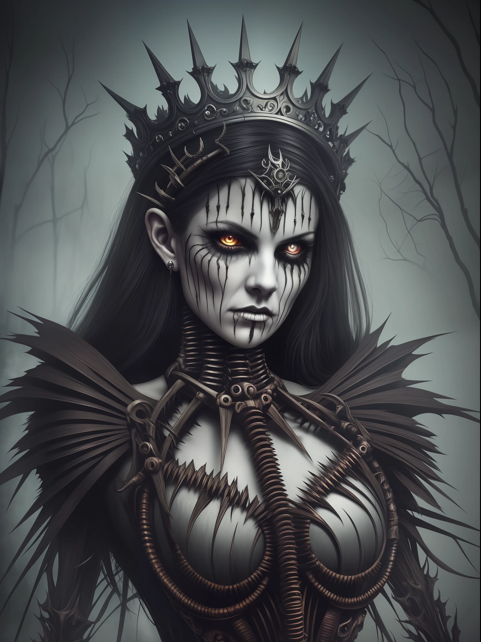 beautiful (rotten queen) with intimidating look, horror movie, ((biomechanical)), nightmarish, dark, gothic, ((eerie:1.1)), mysterius, (very creepy) sharp focus, hyperdetailed, 32k resolution, best quality, intricately detailed background