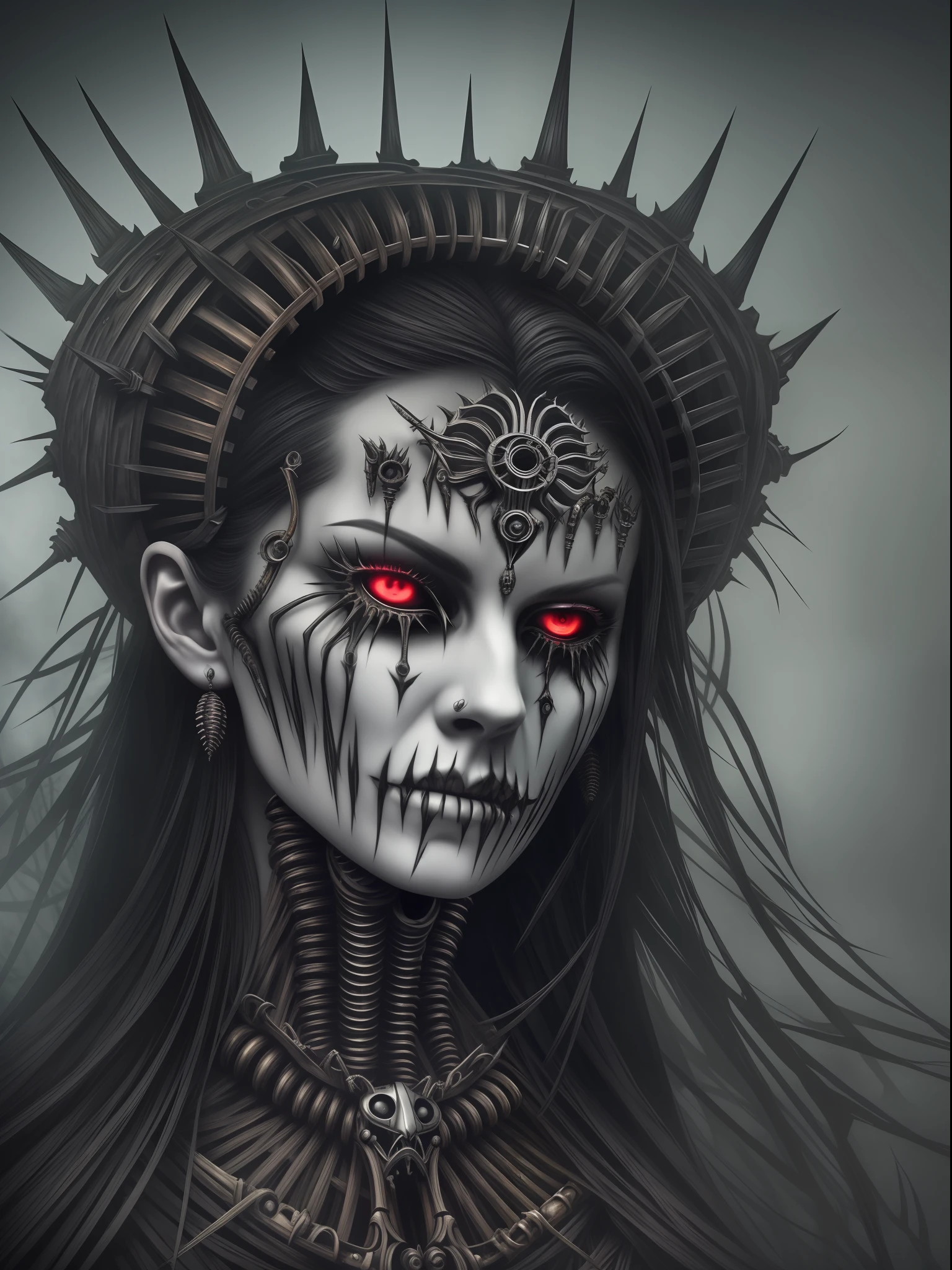 beautiful (rotten queen) with intimidating look, horror movie, ((biomechanical)), nightmarish, dark, gothic, ((eerie:1.1)), mysterius, (very creepy) sharp focus, hyperdetailed, 32k resolution, best quality, intricately detailed background
