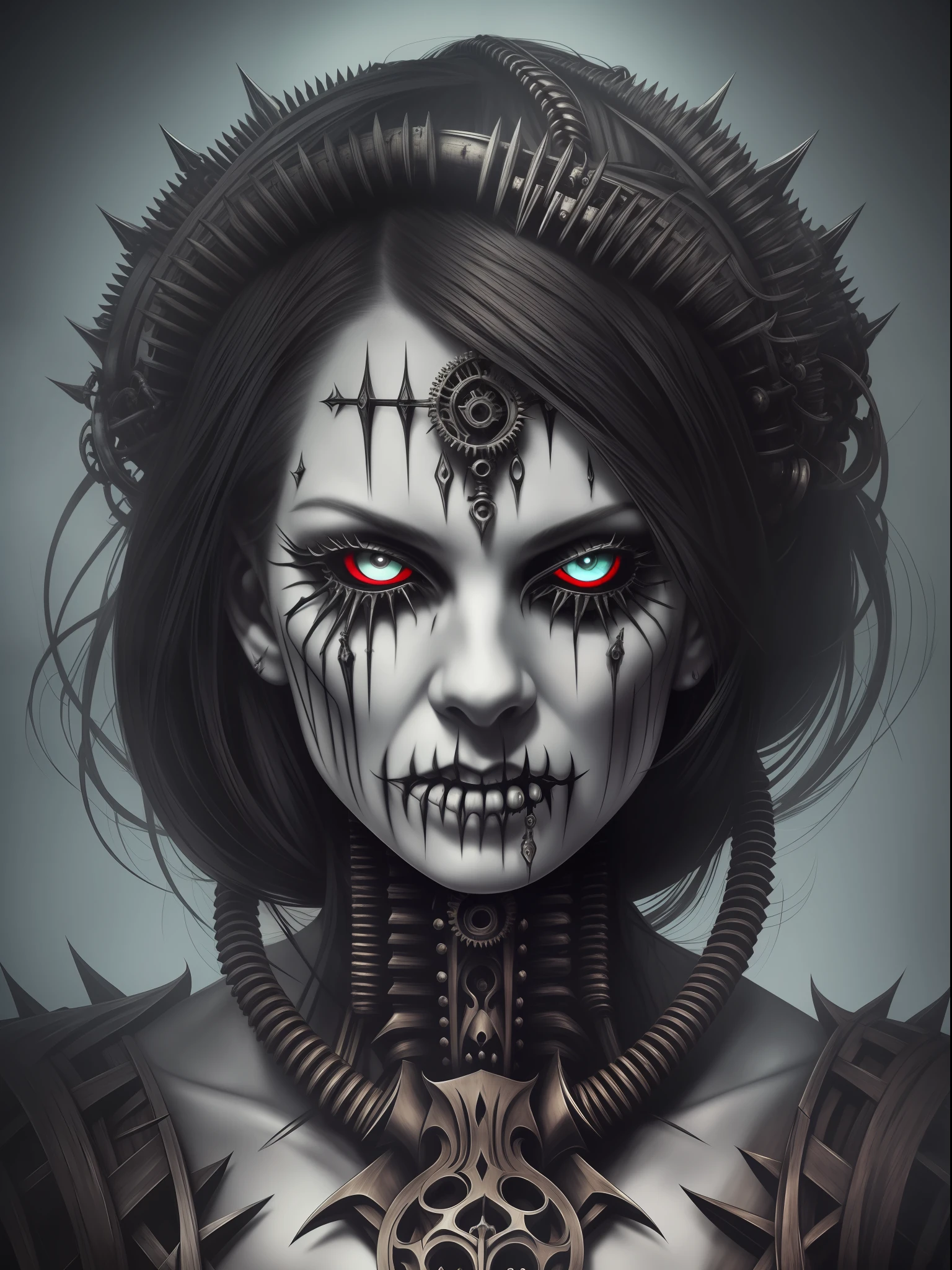 beautiful (rotten queen) with intimidating look, horror movie, ((biomechanical)), nightmarish, dark, gothic, ((eerie:1.1)), mysterius, (very creepy) sharp focus, hyperdetailed, 32k resolution, best quality, intricately detailed background