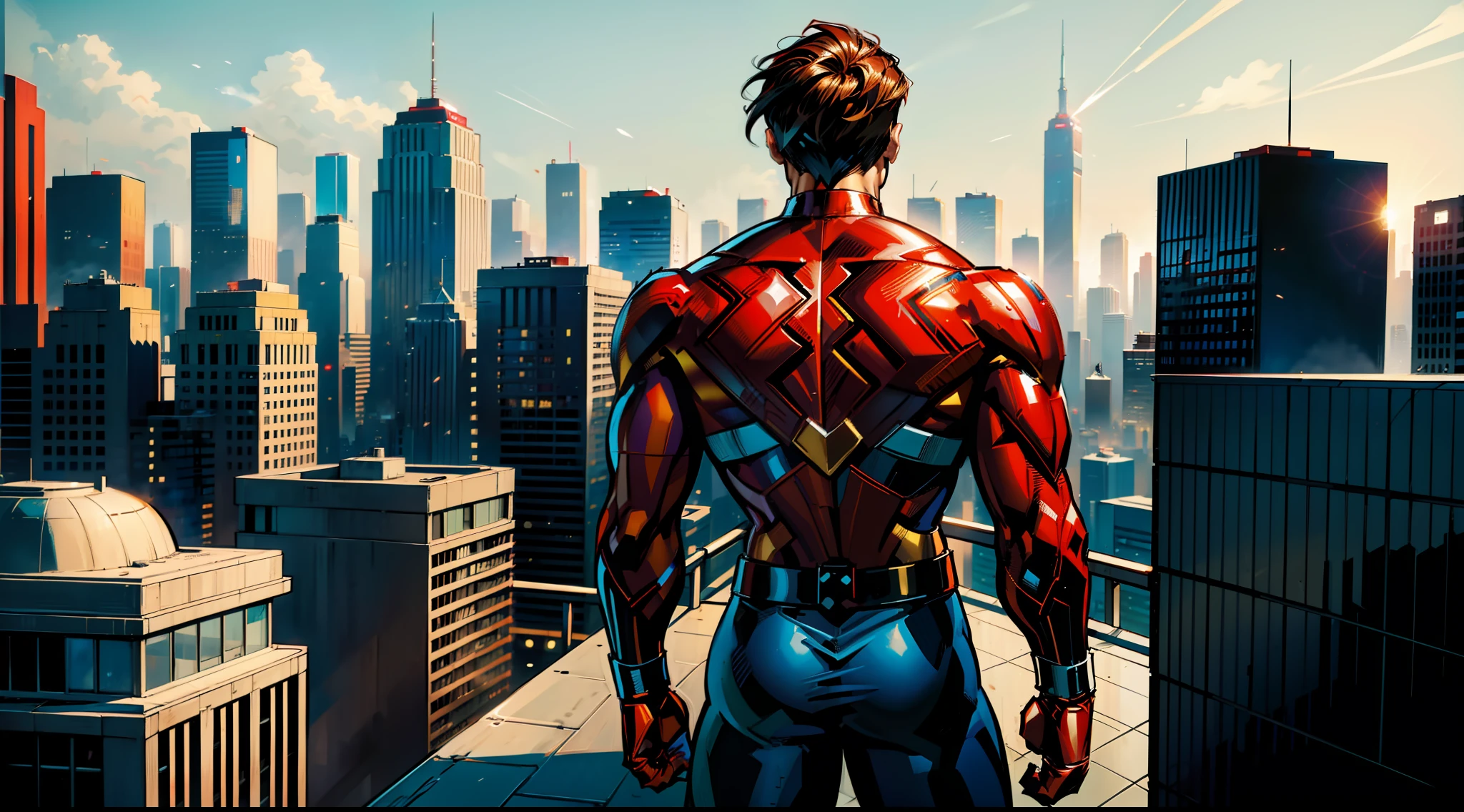 Man, SUper hero, dressed in red and white superhero costume, minimal gold details in his costume, seen from the back, on top of a building, looking at a modern city as background, by stan lee, by Jim Lee, By Joe Bennet, comic book style, modern comic book style.