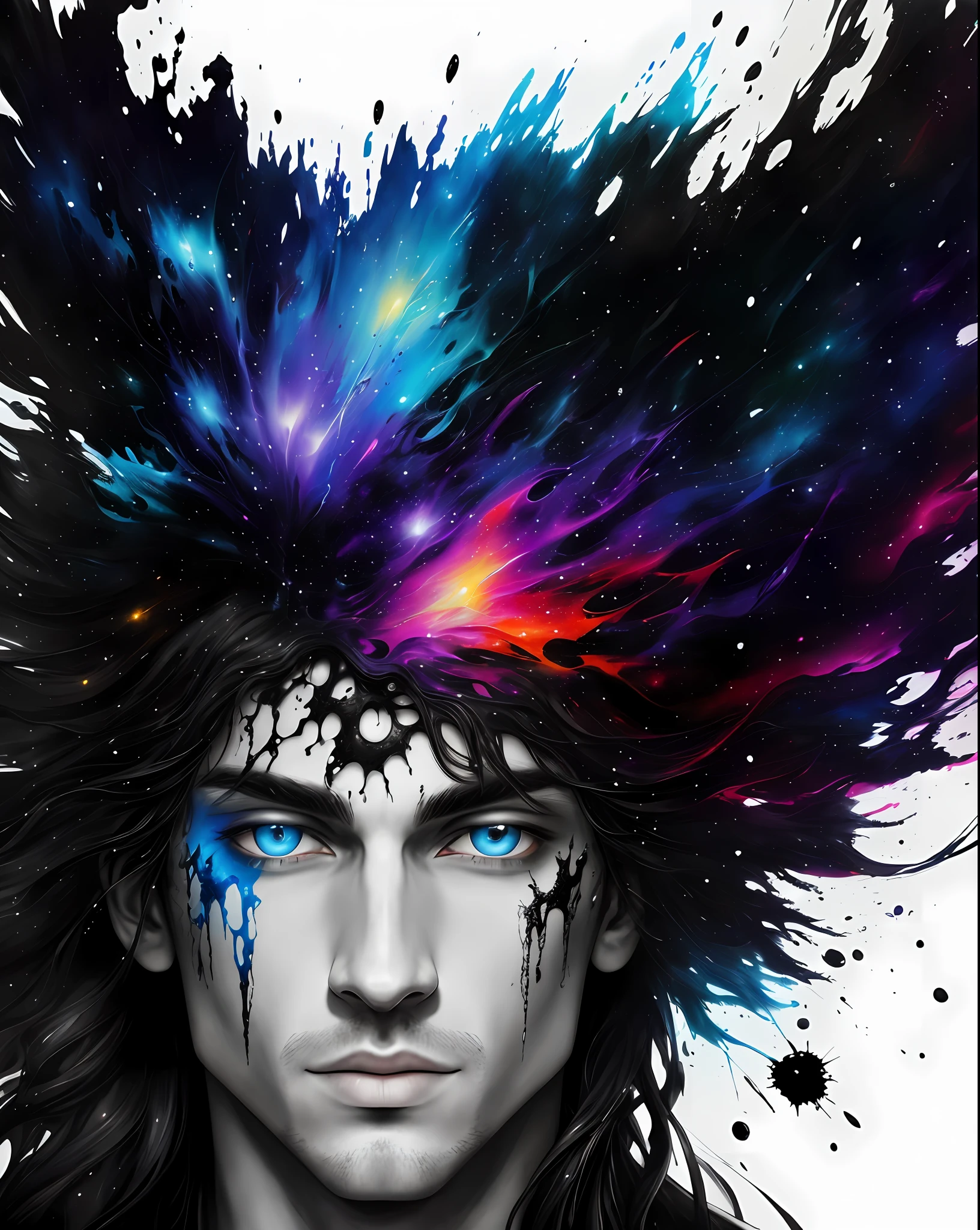 a mixed-media abstract artwork of a gorgeous man with striking eyes and long dark hair, highly detailed eyes, black medium chest, (fine art), (splashes and splashes of paint in nebula colors on canvas 1.2),[thick, wet, bright drip ink], ink, pencil shadow, award-winning, (perfect composition),(nebula:0.5),(galaxy:0.5)