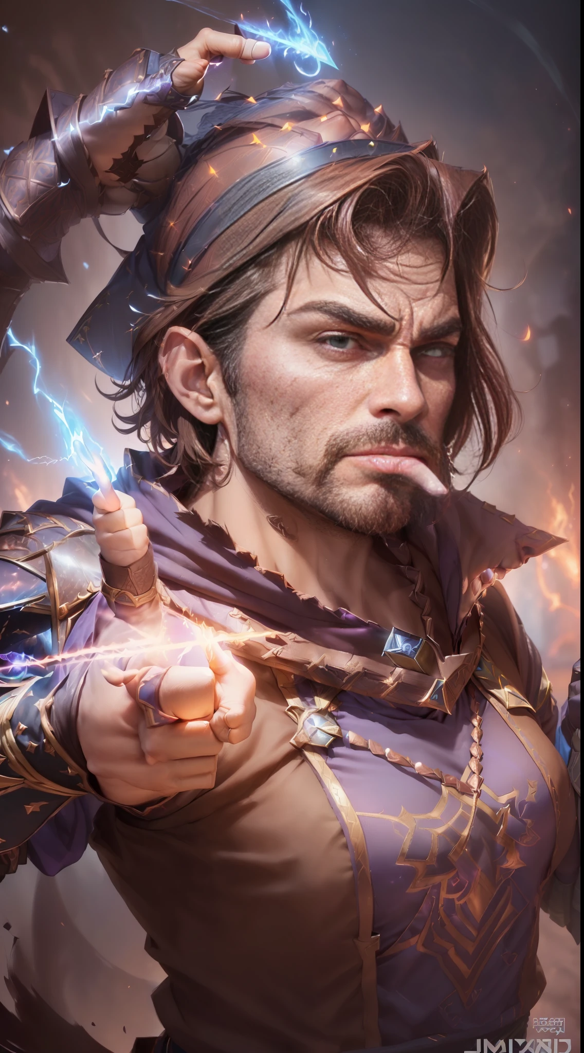 (a closeup of a Mage warrior of Attraction, body seen from the front:1.5) (male, 34 years old, imposing face, square chin, very masculine affections:1.8) with dark background, purple and pink cinematic lights, beautiful 3d rendering, (amazing super powers holding a magic stone shining brightly:1.3), with wizard's hat, (blinking right eye, looking at the camera, cool pose, pointing index finger at the camera, mouth ajar:1.7), (face and clothes well cool, short brown hair:1.4), detailed digital art, stylized 3d rendering, 3d rendered 8k character art, beautiful digital painting, 3d anime style, super detailed rendering