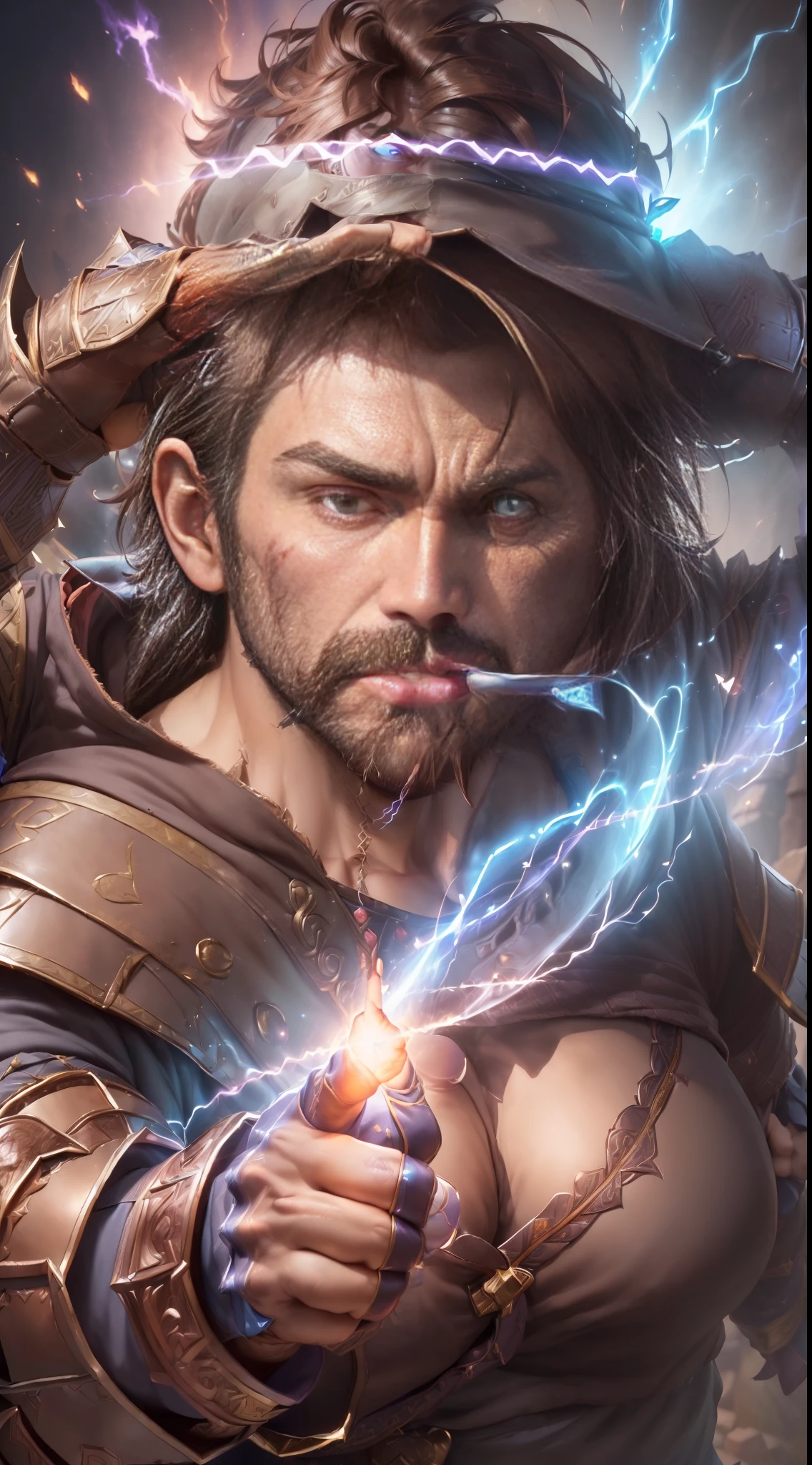 (a closeup of a Mage warrior of Attraction, body seen from the front:1.5) (male, 34 years old, imposing face, square chin, very masculine affections:1.8) with dark background, purple and pink cinematic lights, beautiful 3d rendering, (amazing super powers holding a magic stone shining brightly:1.3), with wizard's hat, (blinking right eye, looking at the camera, cool pose, pointing index finger at the camera, mouth ajar:1.7), (face and clothes well cool,  short brown hair:1.4), detailed digital art, stylized 3d rendering, 3d rendered 8k character art, beautiful digital painting, 3d anime style, super detailed rendering