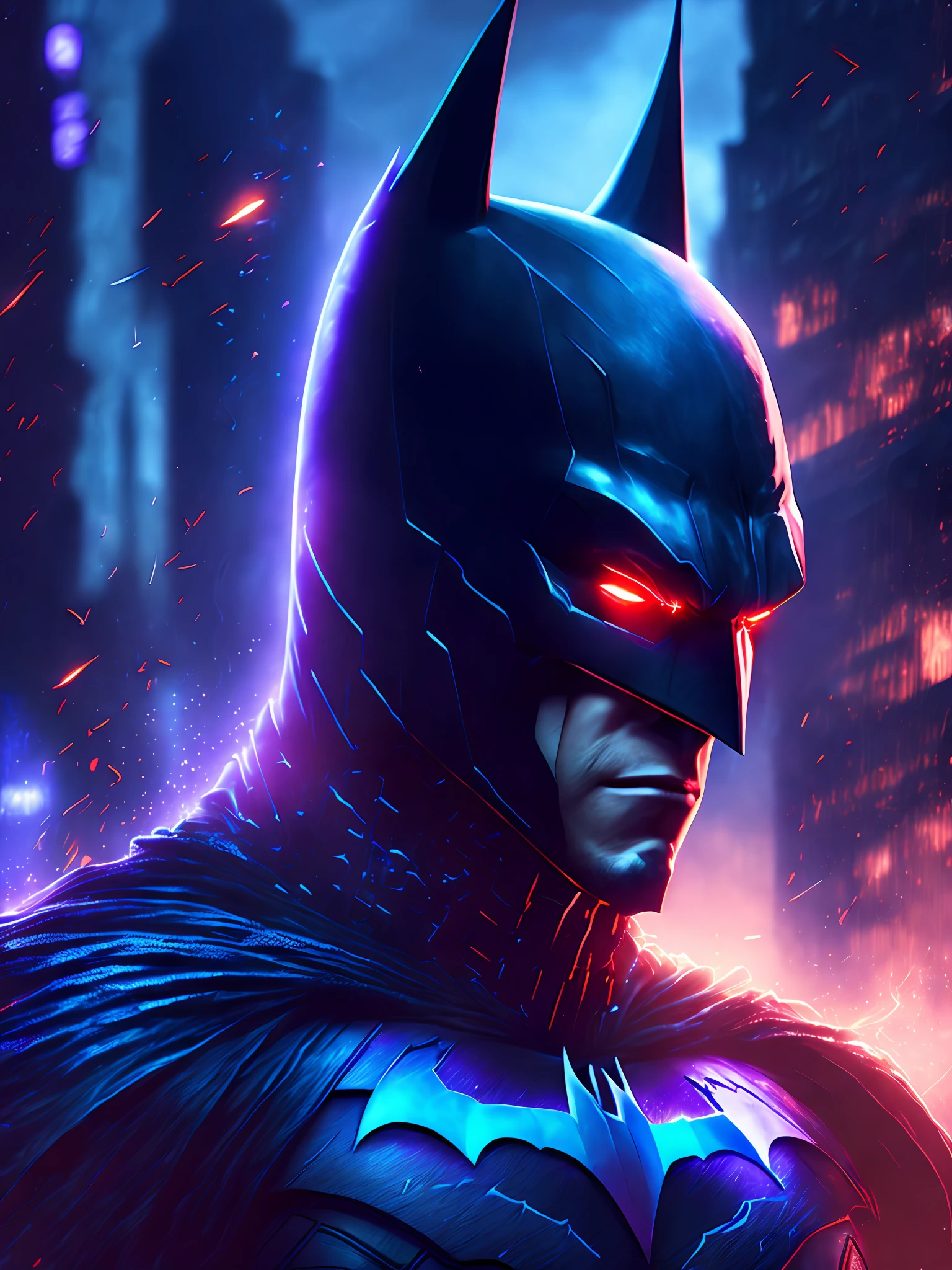 gloomy portrait of Batman Beyond from DC, extremely detailed, futuristic cityscape, nighttime, glowing neon lights, smoke, sparks, metal shavings, flying debris, blue energy effects, volumetric light