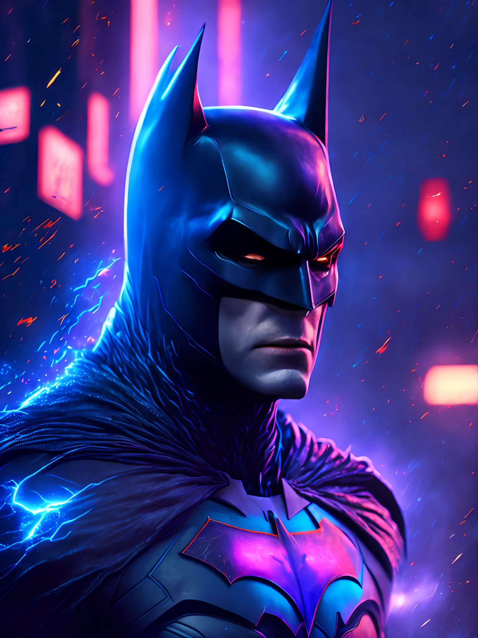 gloomy portrait of Batman Beyond from DC, extremely detailed, futuristic cityscape, nighttime, glowing neon lights, smoke, sparks, metal shavings, flying debris, blue energy effects, volumetric light