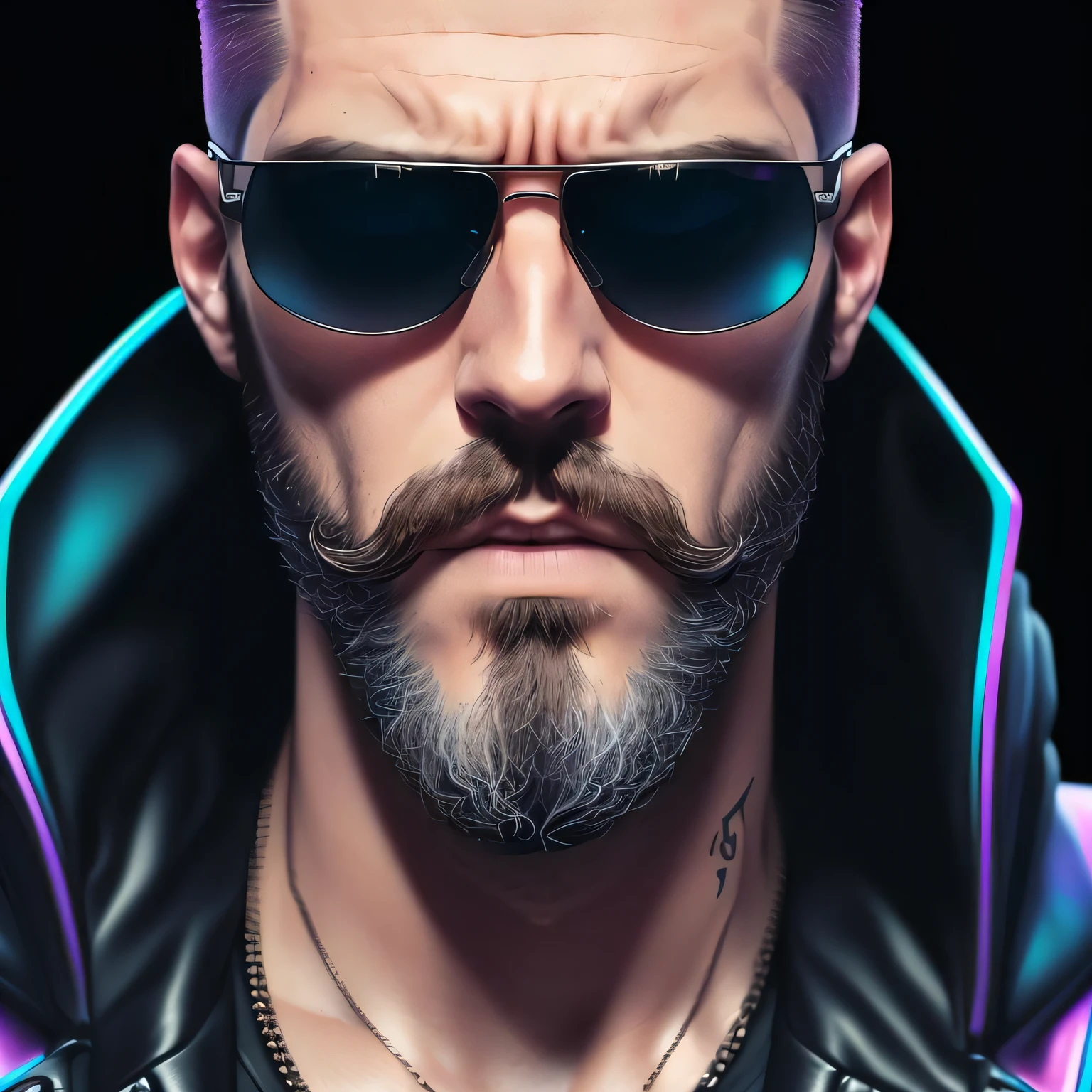a man with a beard and sunglasses, cyberpunk art, RAW photo, FUJI XT3, photorealism, hyper realistic, stunning gradient colors, stylized portrait h 704, pompadour, twitch streamer, cold colors. insanely detailed, t-800, no watermark signature, in rich color, outrun