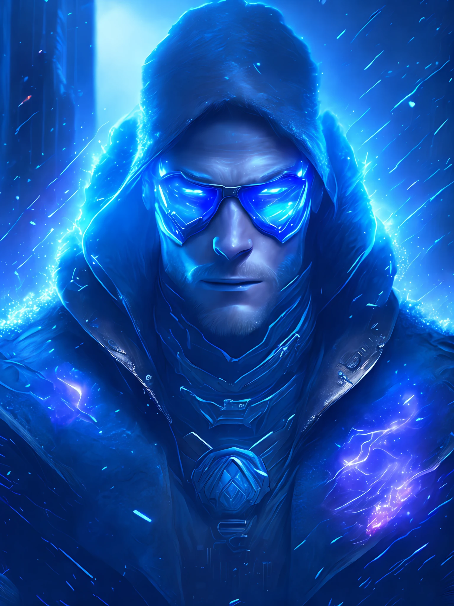 gloomy portrait of Captain Cold from DC, extremely detailed, futuristic cityscape, nighttime, glowing neon lights, smoke, sparks, metal shavings, flying debris, blue energy effects, volumetric light