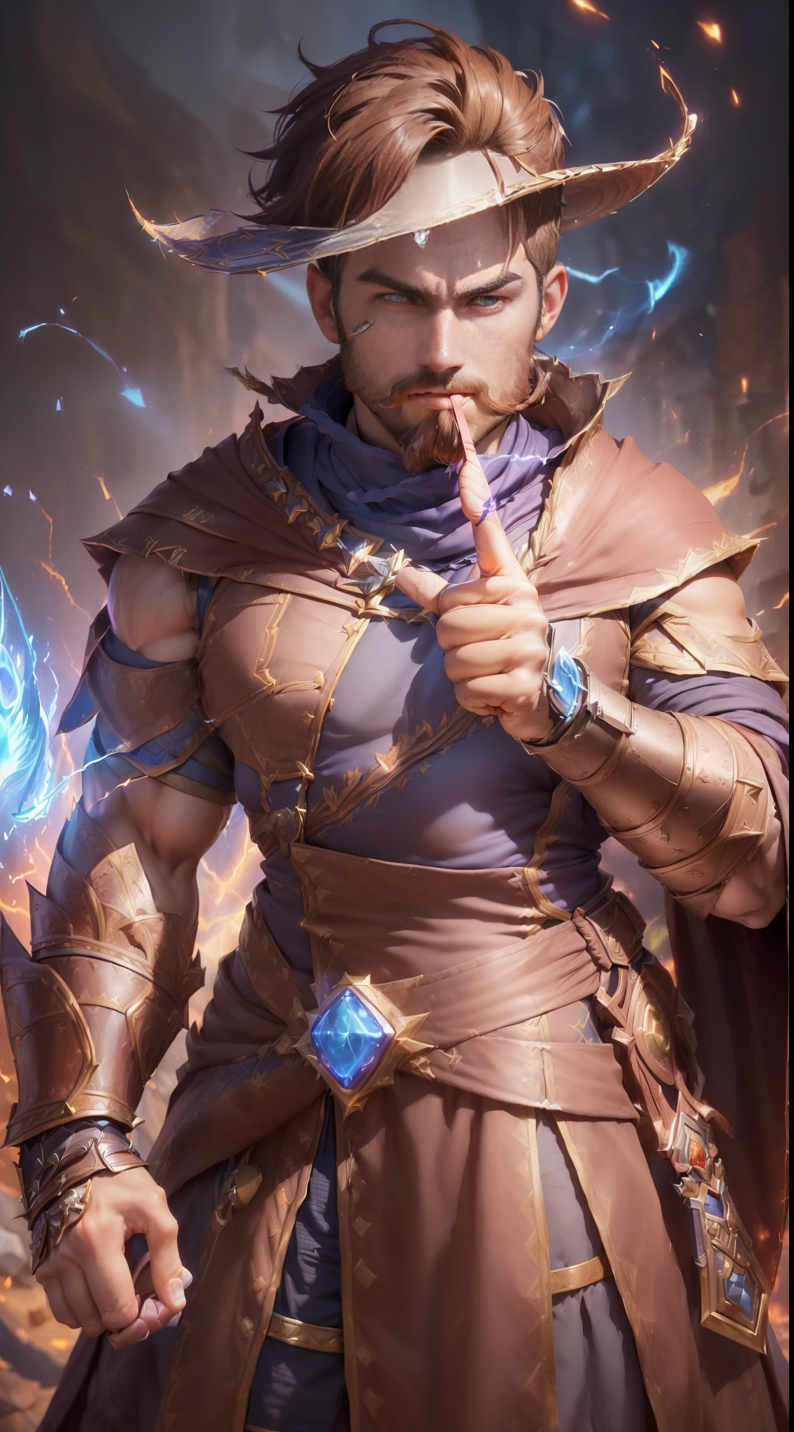 (a closeup of a Mage warrior of Attraction, body seen from the front:1.6) (male, 34 years old, imposing face, square chin, very masculine affections:1.8) with dark background, purple and pink cinematic lights, beautiful 3d rendering, (amazing super powers holding a magic stone shining brightly:1.3), with wizard's hat, (blinking right eye, looking at the camera, cool pose, pointing index finger at the camera, mouth ajar:1.7), (face and clothes well cool, short brown hair:1.4), detailed digital art, stylized 3d rendering, 3d rendered 8k character art, beautiful digital painting, 3d anime style, super detailed rendering