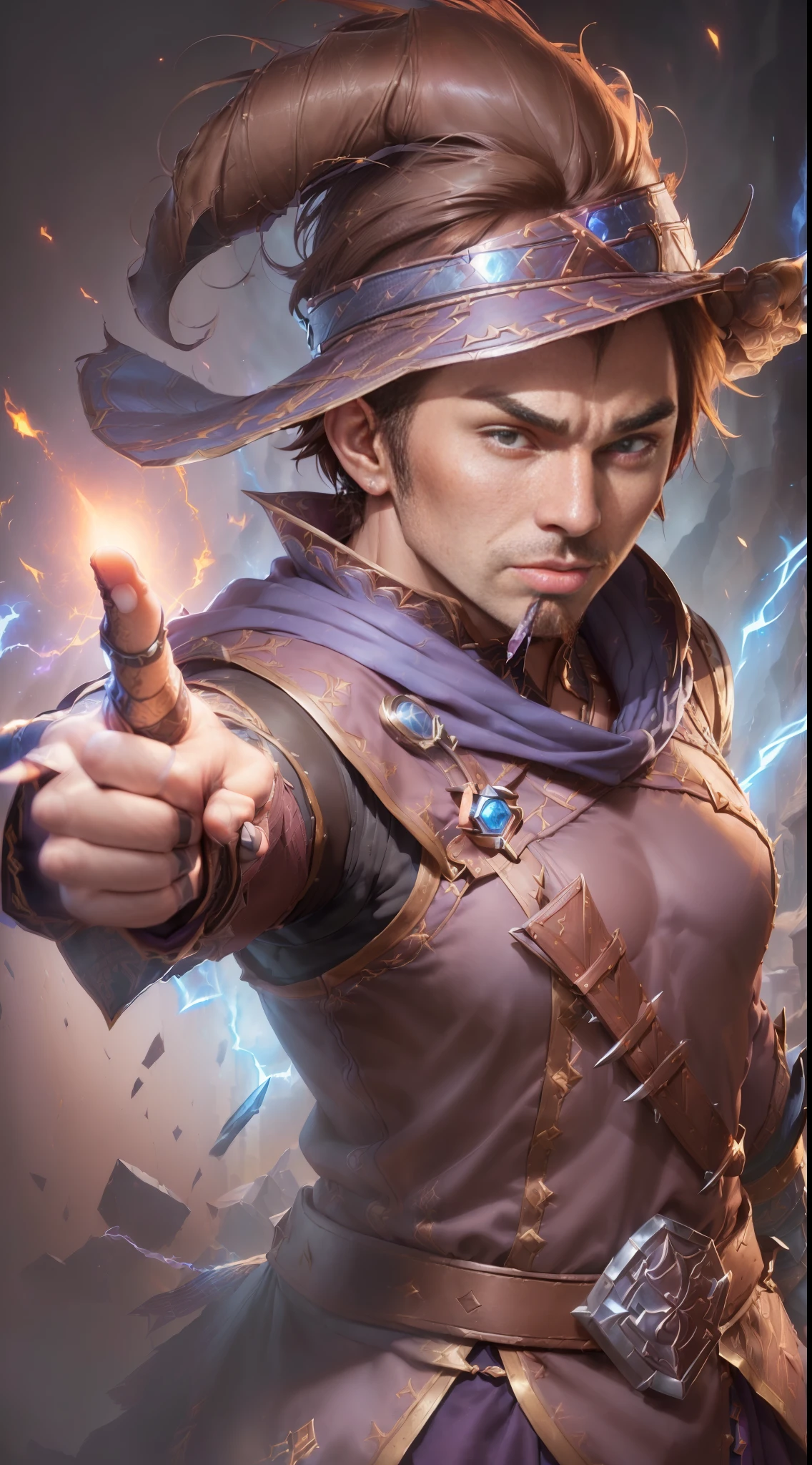 (a closeup of a Mage warrior of Attraction, body seen from the front:1.6) (male, 34 years old, imposing face, square chin, very masculine affections:1.8) with dark background, purple and pink cinematic lights, beautiful 3d rendering, (amazing super powers holding a magic stone shining brightly:1.3), with wizard's hat, (blinking right eye, looking at the camera, cool pose, pointing index finger at the camera, mouth ajar:1.7), (face and clothes well cool, short brown hair:1.4), detailed digital art, stylized 3d rendering, 3d rendered 8k character art, beautiful digital painting, 3d anime style, super detailed rendering