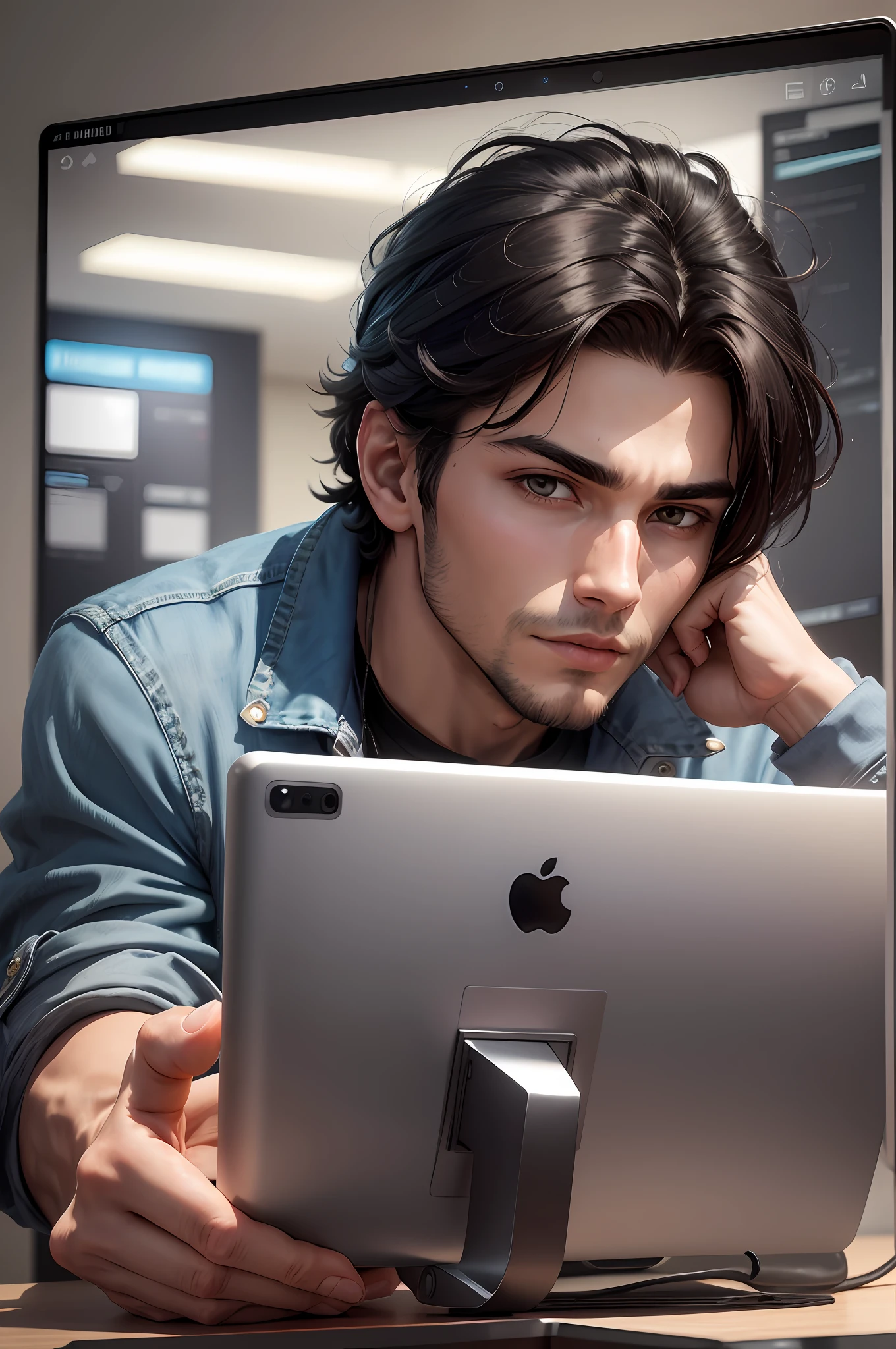 Imagine a 22-year-old, brunette and Latin American, with an engaging and frighteningly beautiful look. His black hair reflects the light of the office while his light brown eyes capture the attention of all who see him. He wears a black T-shirt with details on the collar and sleeve of lilac color, beautiful and modern Jeans jacket. He's working on his computer, facing the computer screen, with his hands on top of the keyboard, one hand on the keyboard and the other on the mouse. He has a normal athletic body, which shows itself through his well-cut social clothes. This is our perfect support agent for the company that specializes in website creation. He is friendly, helpful and always ready to help. There is no doubt that he is the perfect face of our support team. ( high quality and realistic image), ((Best Quality, 8k, Masterpiece). --auto --s2