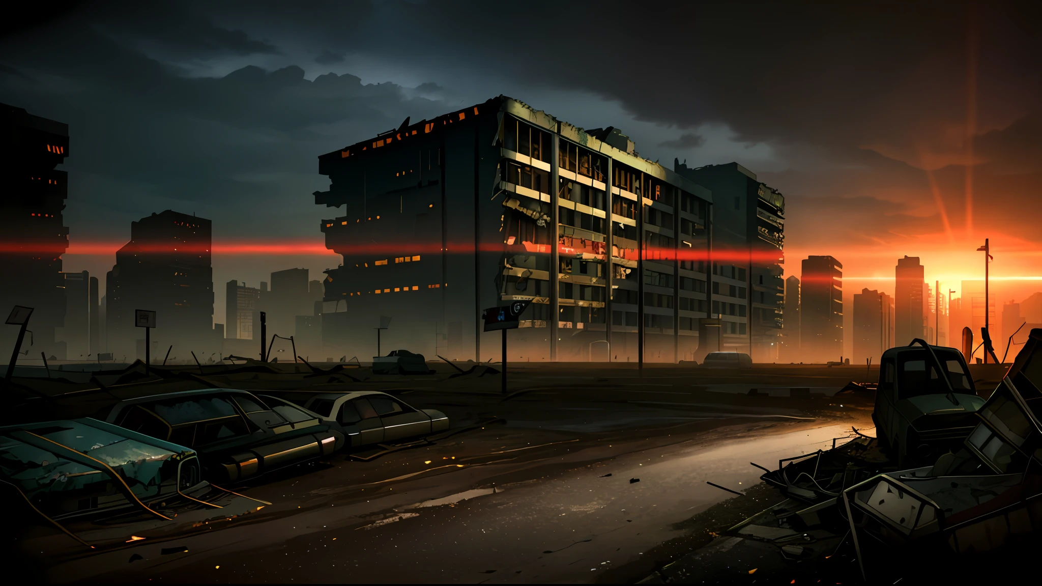 (masterpiece), (best quality), (detailed), landscape resembling a fallout, post-apocalyptic environment, dark and atmospheric, cyberpunk and post-apocalyptic elements, desolate cityscape, crumbling buildings, abandoned vehicles, fog and darkness engulfing the scene, high-resolution 8k image, capturing the eerie and mysterious essence of a world transformed by catastrophe